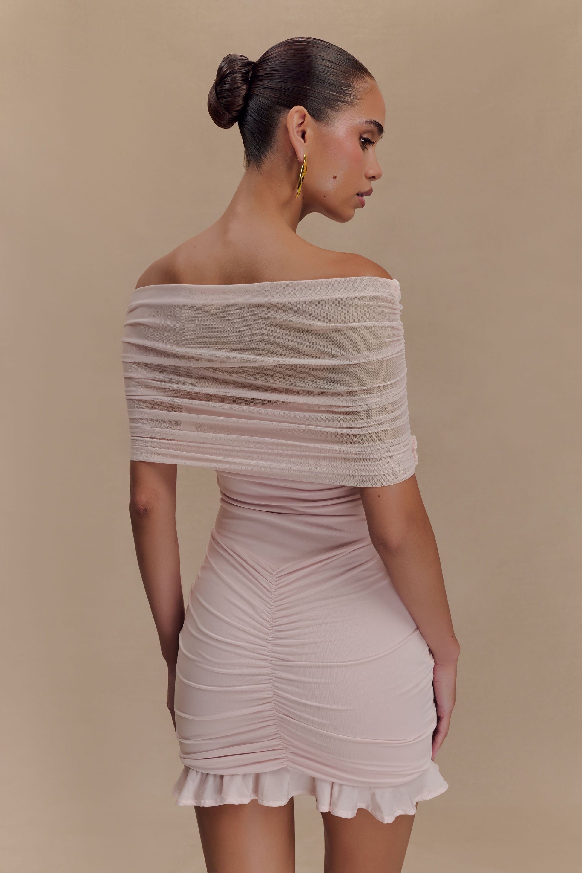 Caspian Slinky And Mesh Off Shoulder Mini Dress - Pale Pink #5