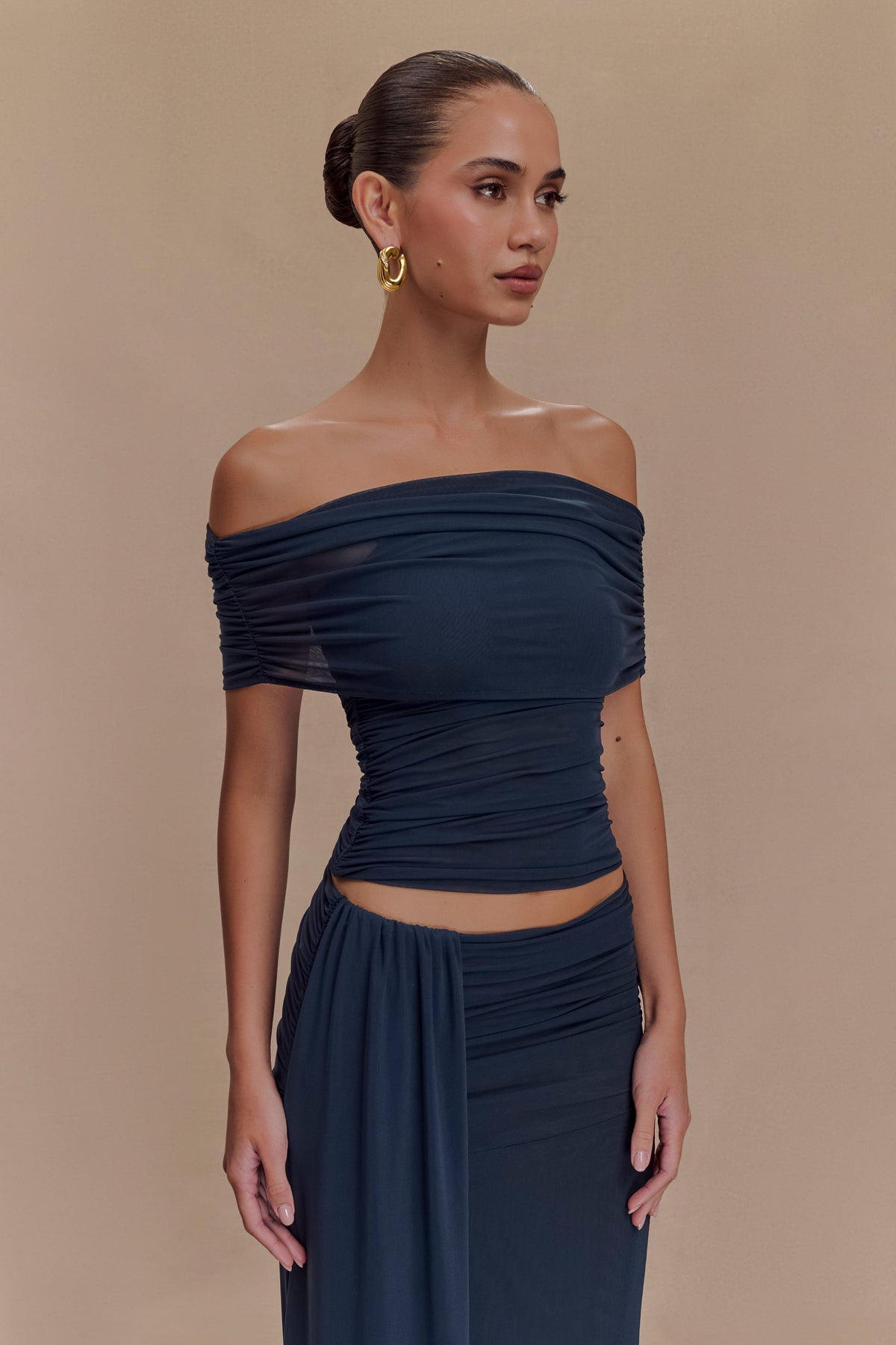 Arna Off Shoulder Mesh Crop Top - Midnight Blue #3