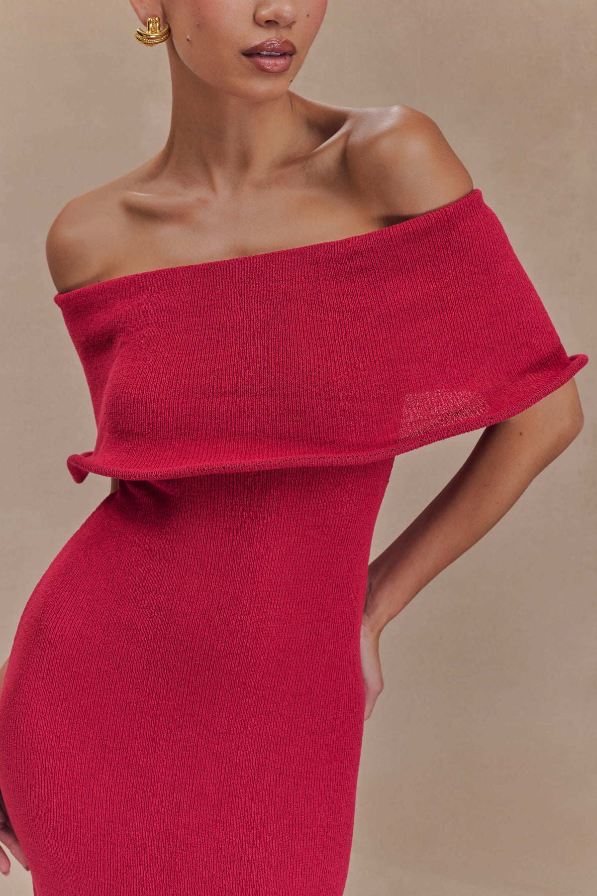 Molly Off Shoulder Knit Midi Dress - Raspberry #2