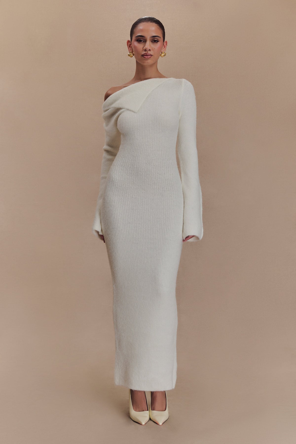 Magenta One Shoulder Fluffy Knit Midi Dress - Ivory #5