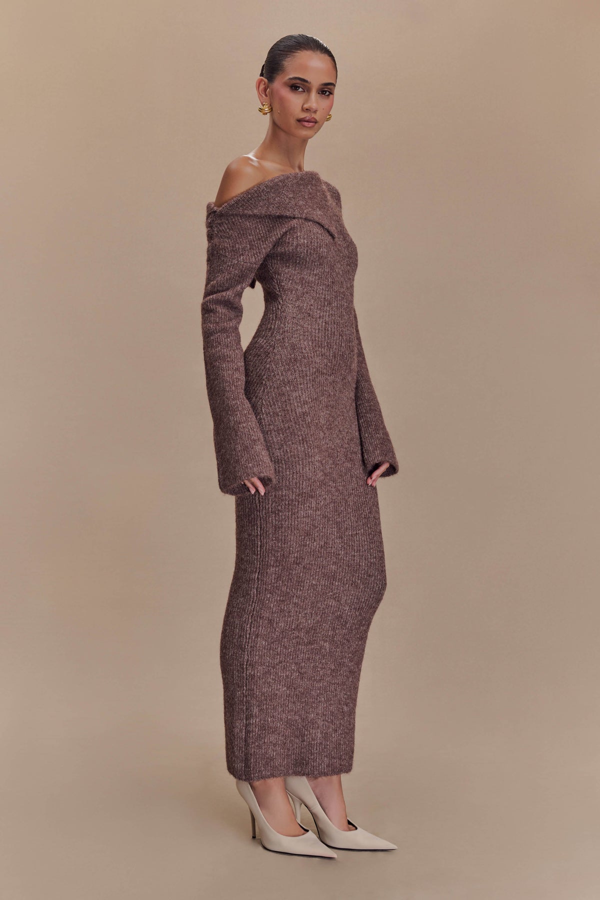 Magenta One Shoulder Fluffy Knit Midi Dress - Pecan #5