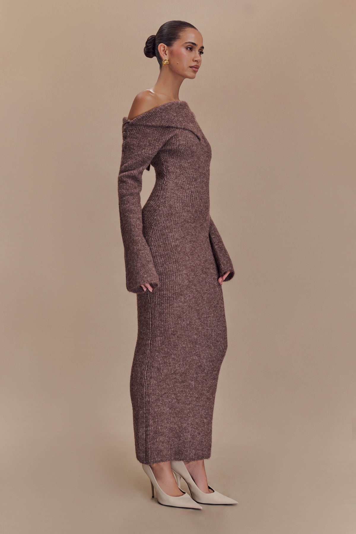 Magenta One Shoulder Fluffy Knit Midi Dress - Pecan #4