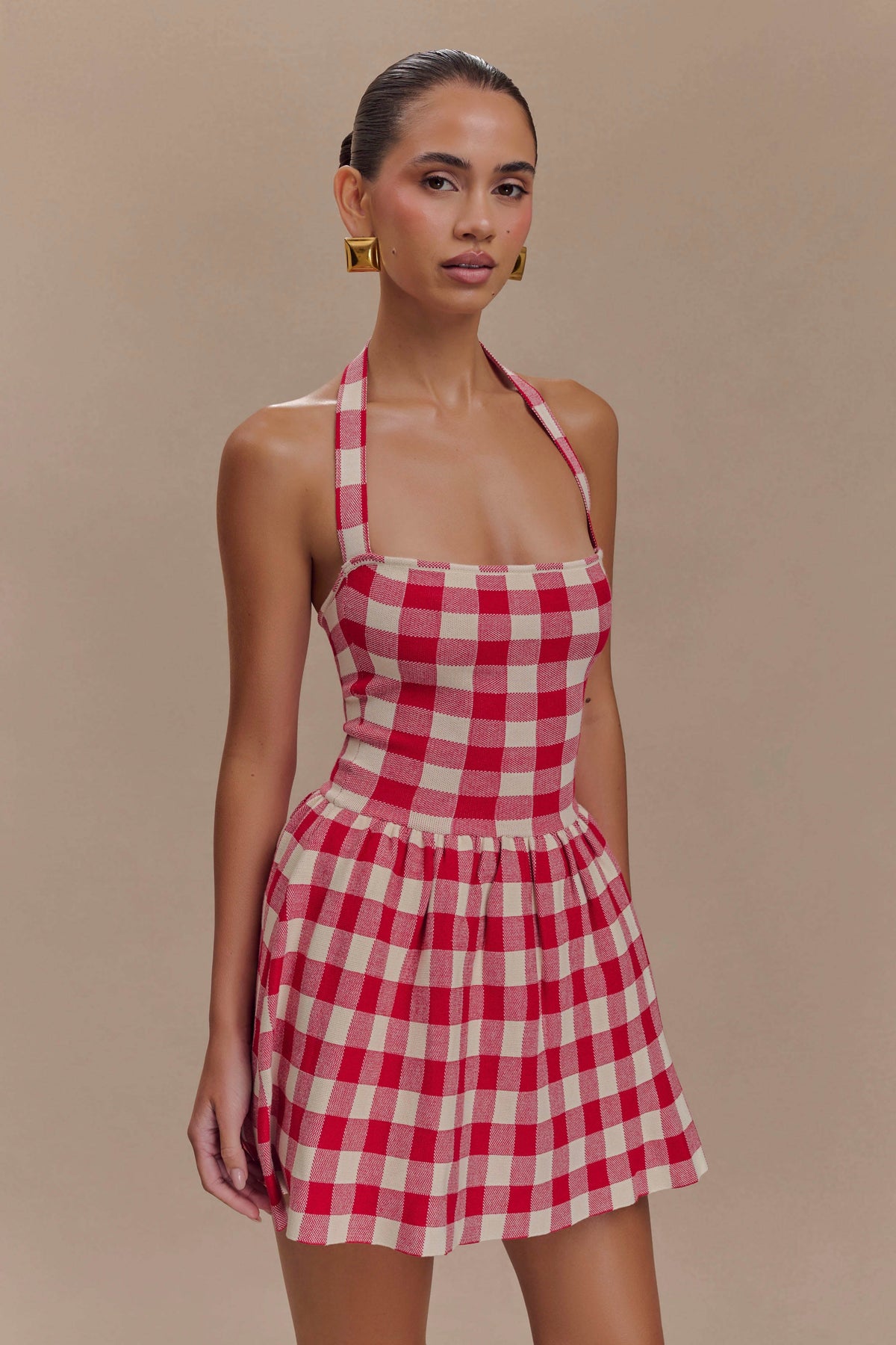 Lindsay Halter Knit Mini Dress - Red Gingham #7