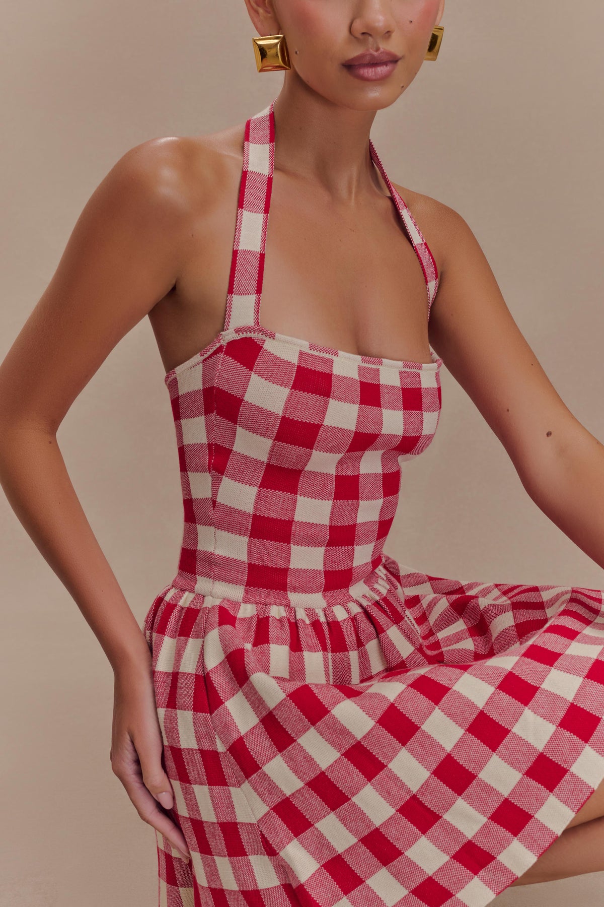 Lindsay Halter Knit Mini Dress - Red Gingham #5