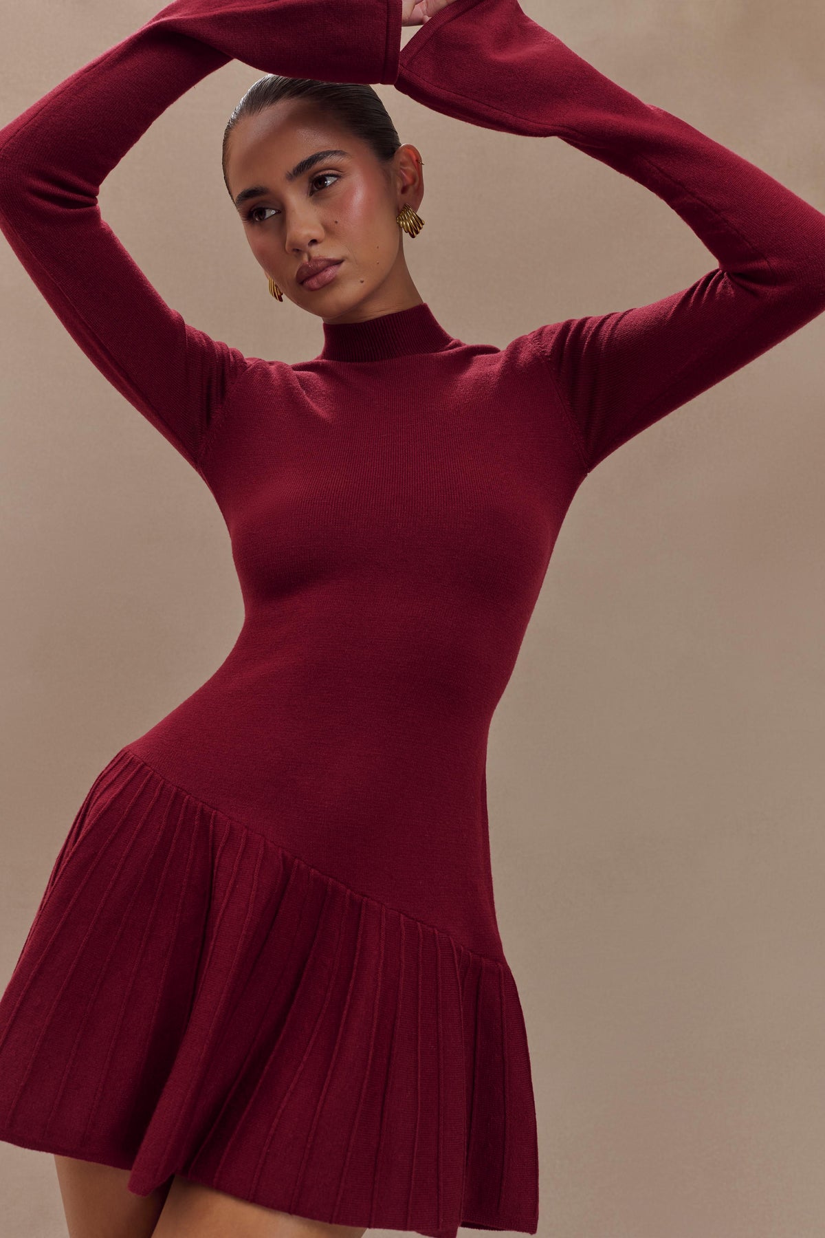 Blair Knit Mini Dress With Pleats - Merlot #4