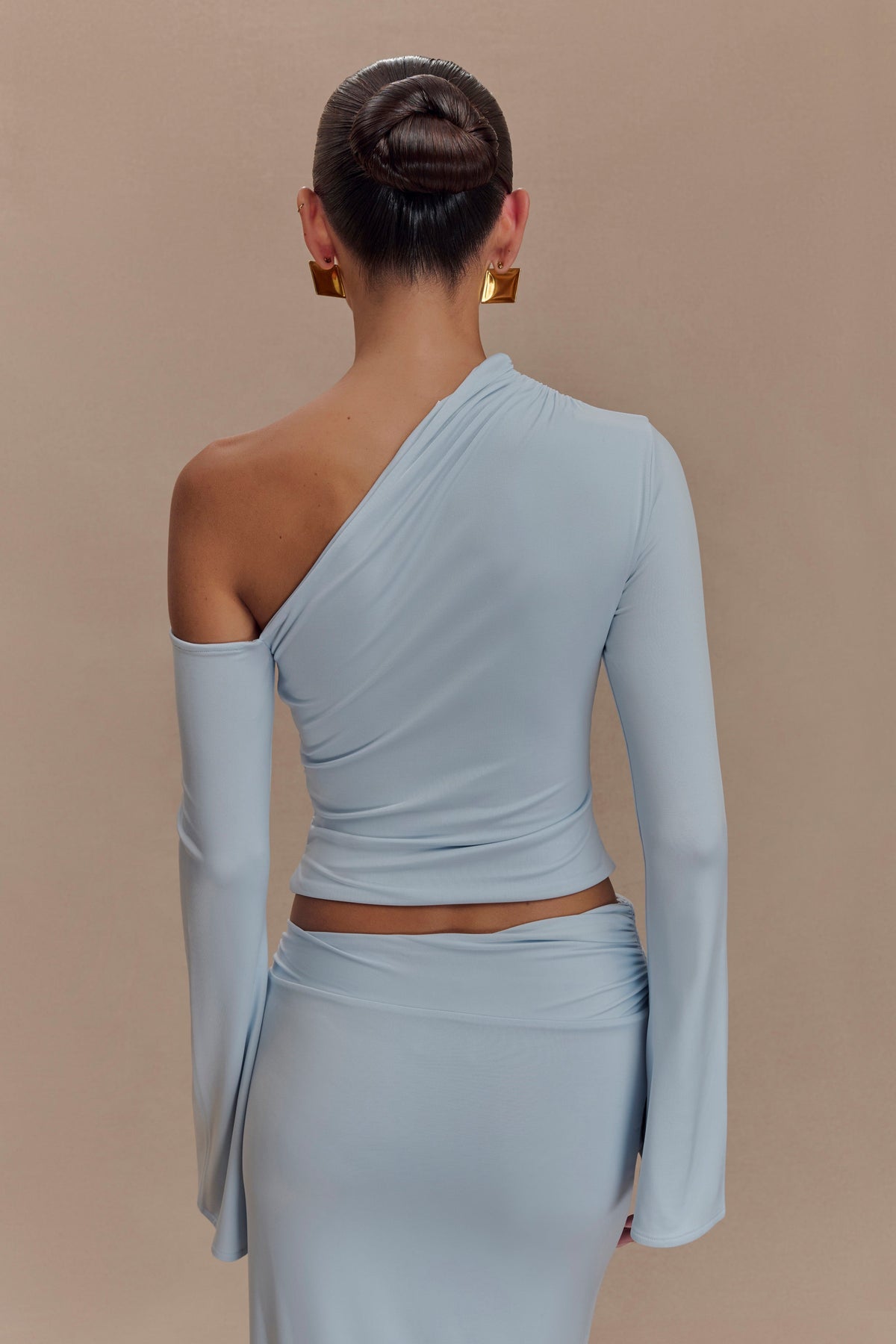 Ainsley Asymmetrical Long Sleeve Top With Floral Hardware - Pale Blue #2