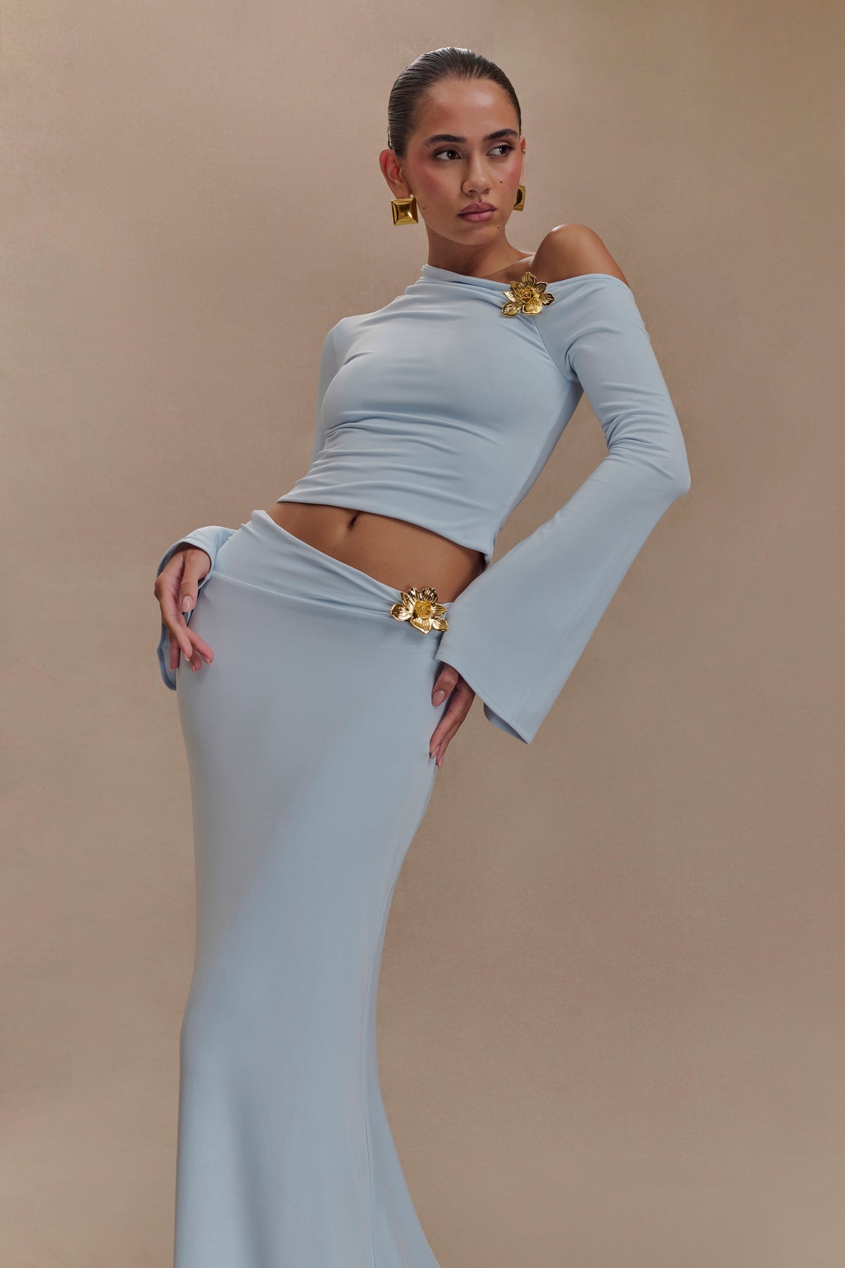Ainsley Asymmetrical Long Sleeve Top With Floral Hardware - Pale Blue #3