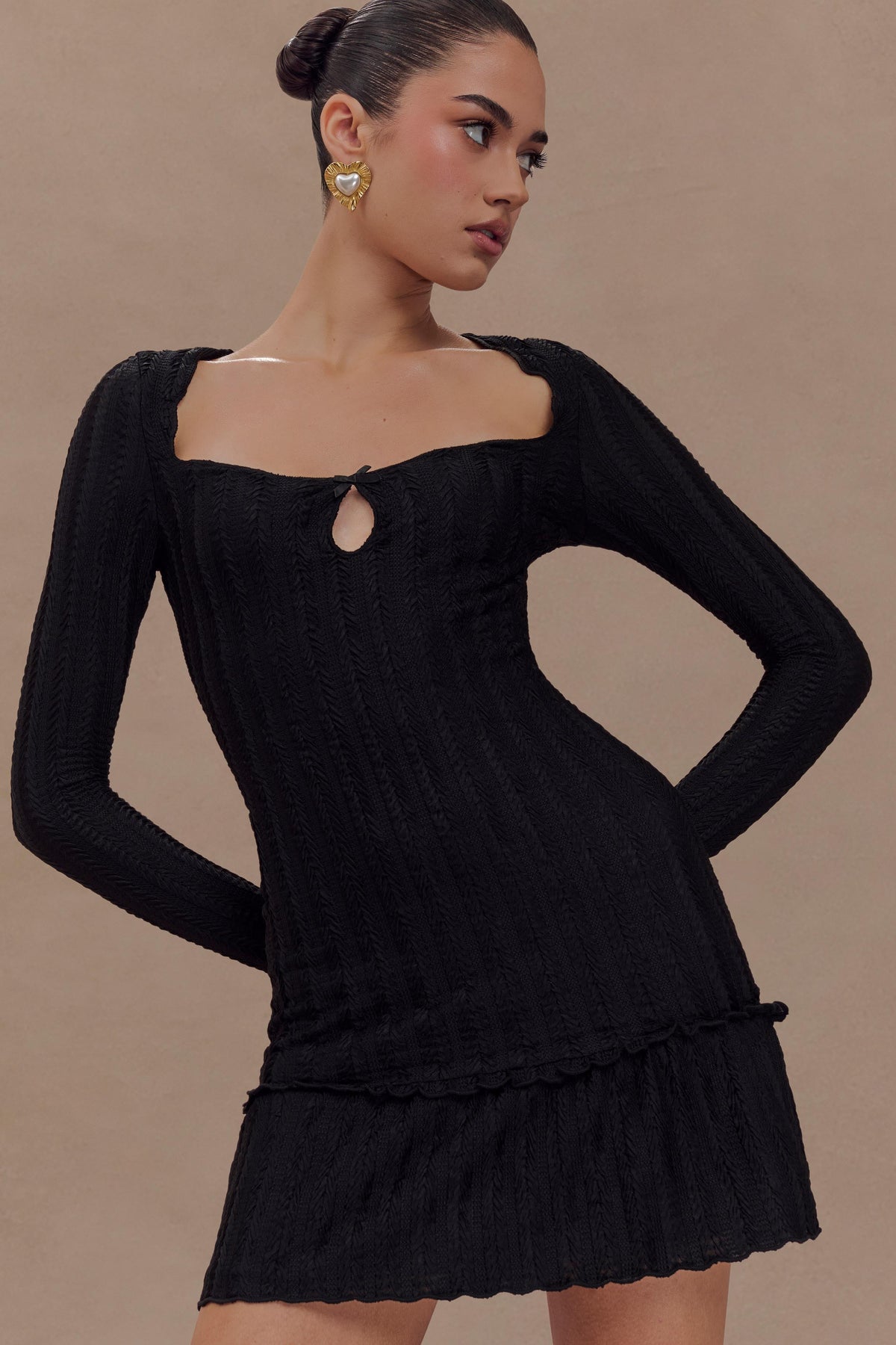 Daphne Pointelle Long Sleeve Mini Dress - Black #3