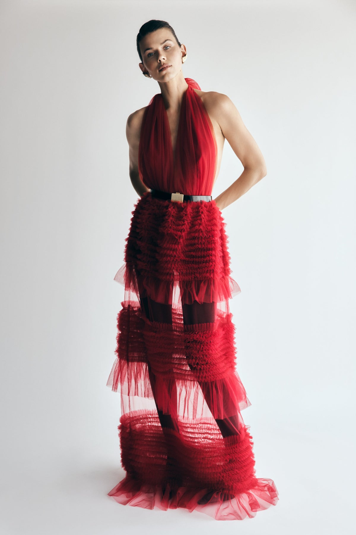 Minka Mesh Ruffle Halter Maxi Dress - Red #2