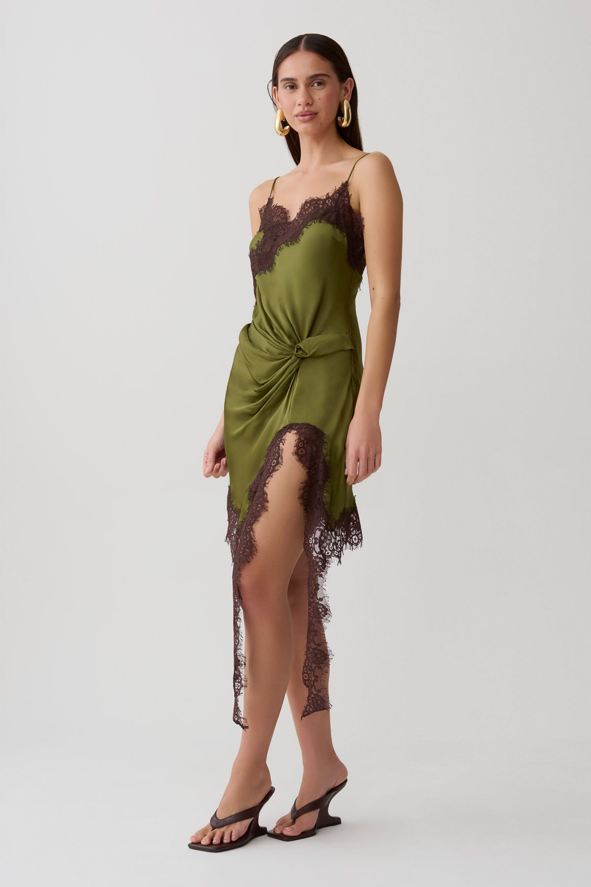Amber Satin And Lace Mini Dress - Olive #4