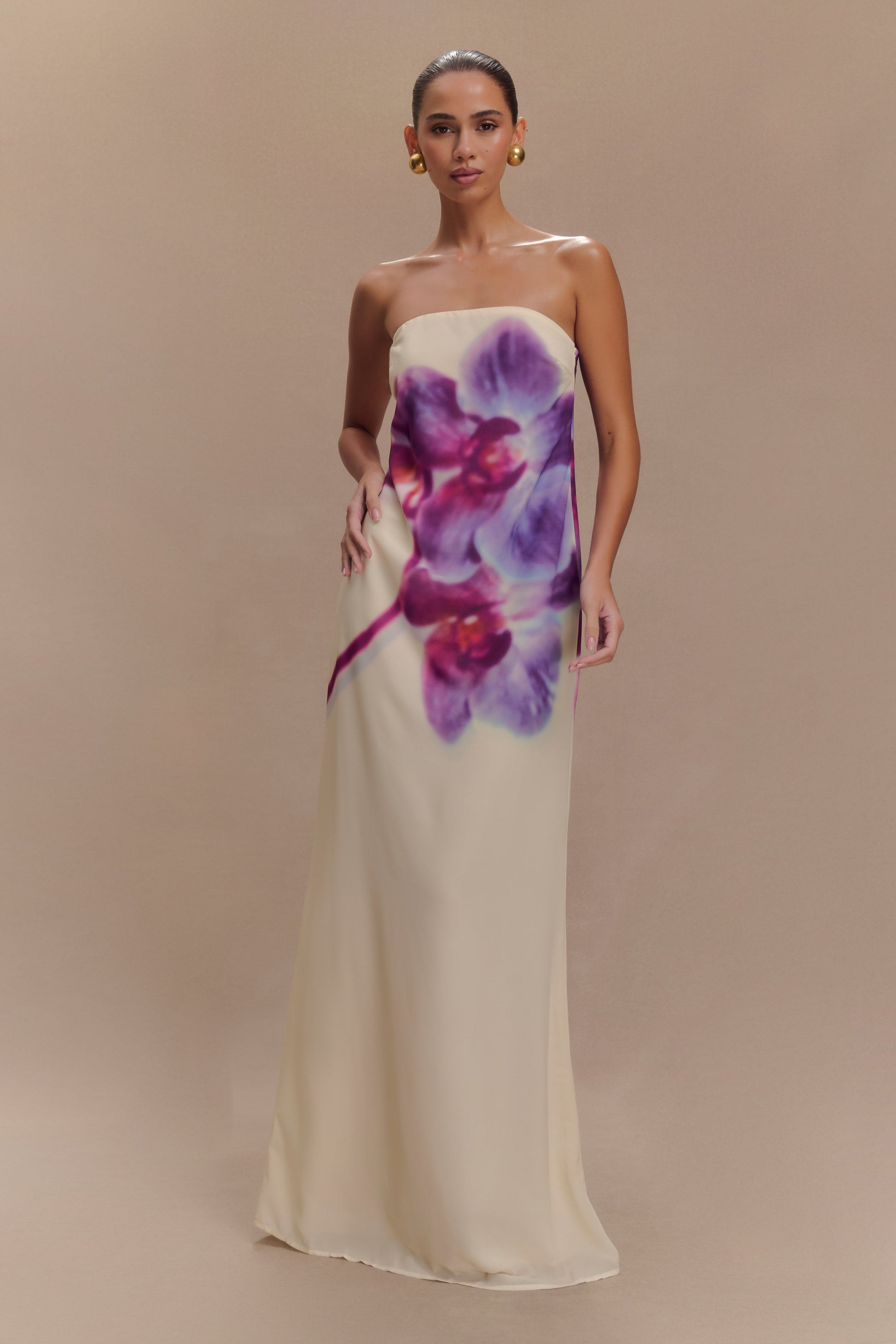 Amaya Strapless Chiffon Maxi Dress - Ivory Koi Orchid Print #4