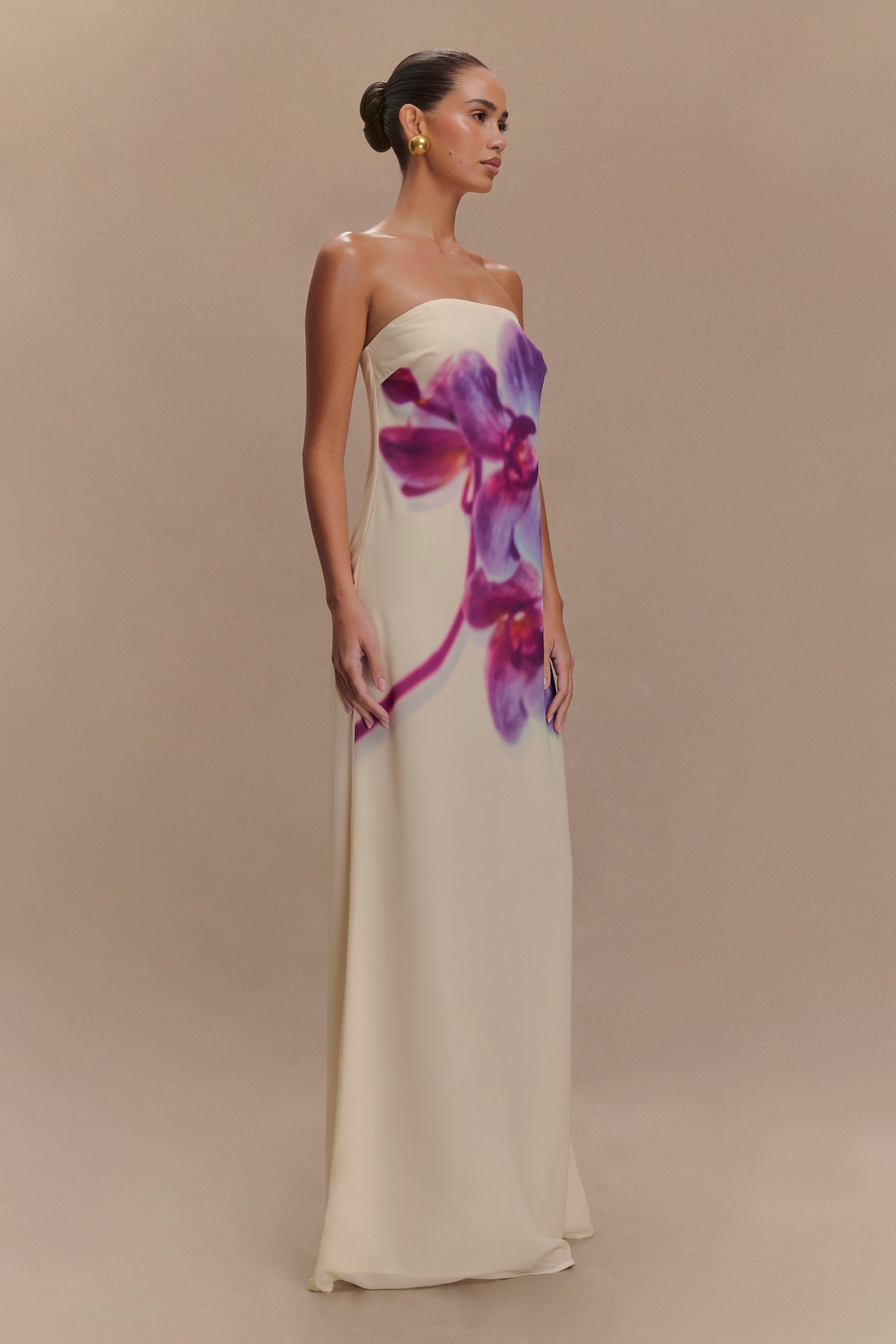 Amaya Strapless Chiffon Maxi Dress - Ivory Koi Orchid Print #3