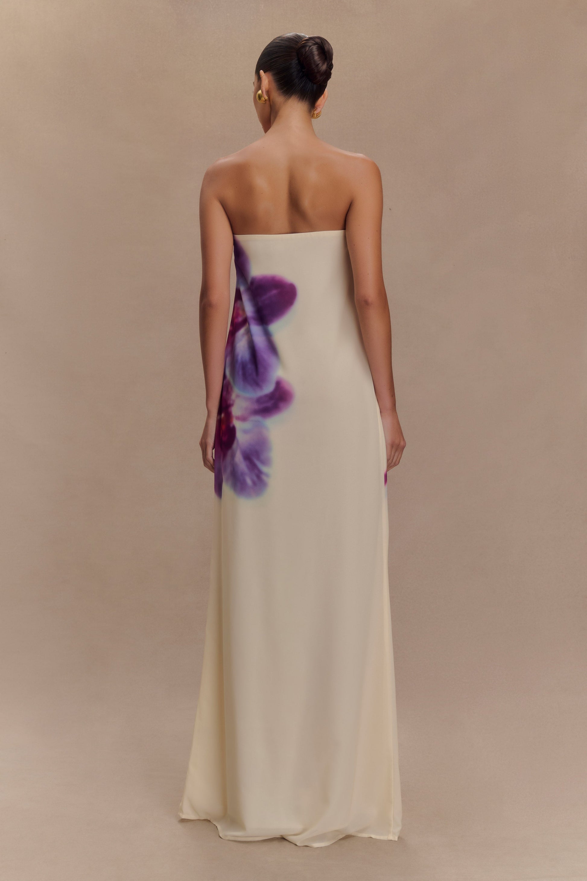 Amaya Strapless Chiffon Maxi Dress - Ivory Koi Orchid Print #2