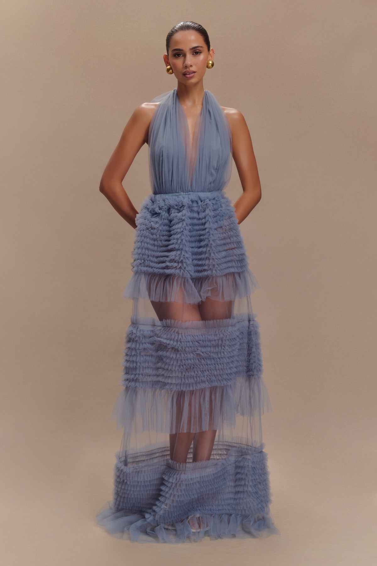 Minka Mesh Ruffle Halter Maxi Dress - Dusty Blue #6