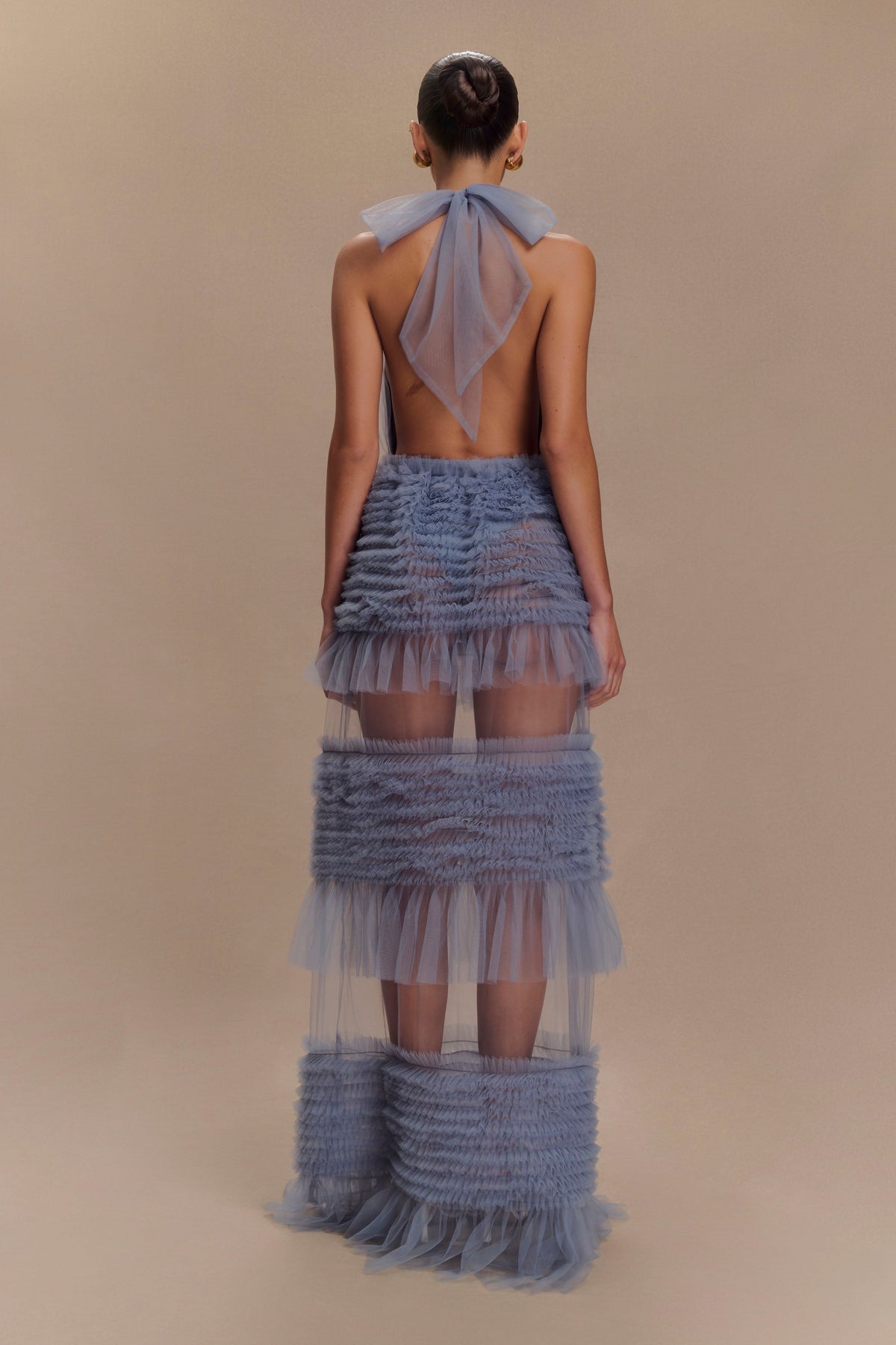 Minka Mesh Ruffle Halter Maxi Dress - Dusty Blue #3