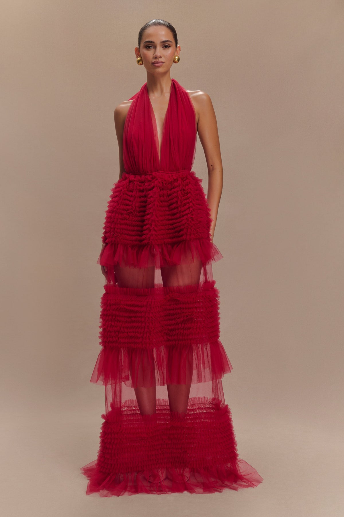 Minka Mesh Ruffle Halter Maxi Dress - Red
