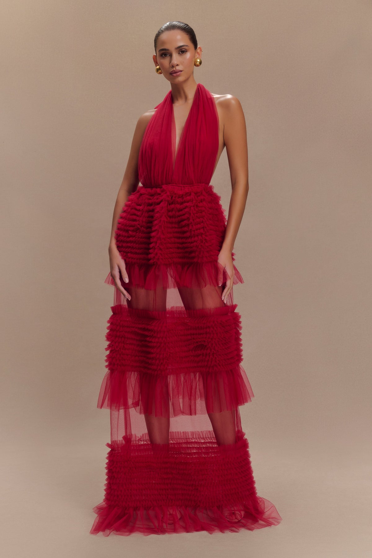Minka Mesh Ruffle Halter Maxi Dress - Red #8