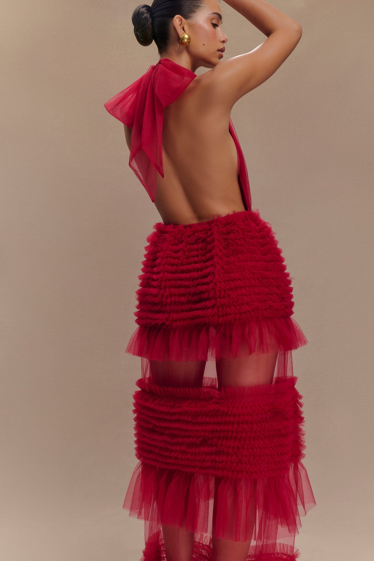 Minka Mesh Ruffle Halter Maxi Dress - Red #9