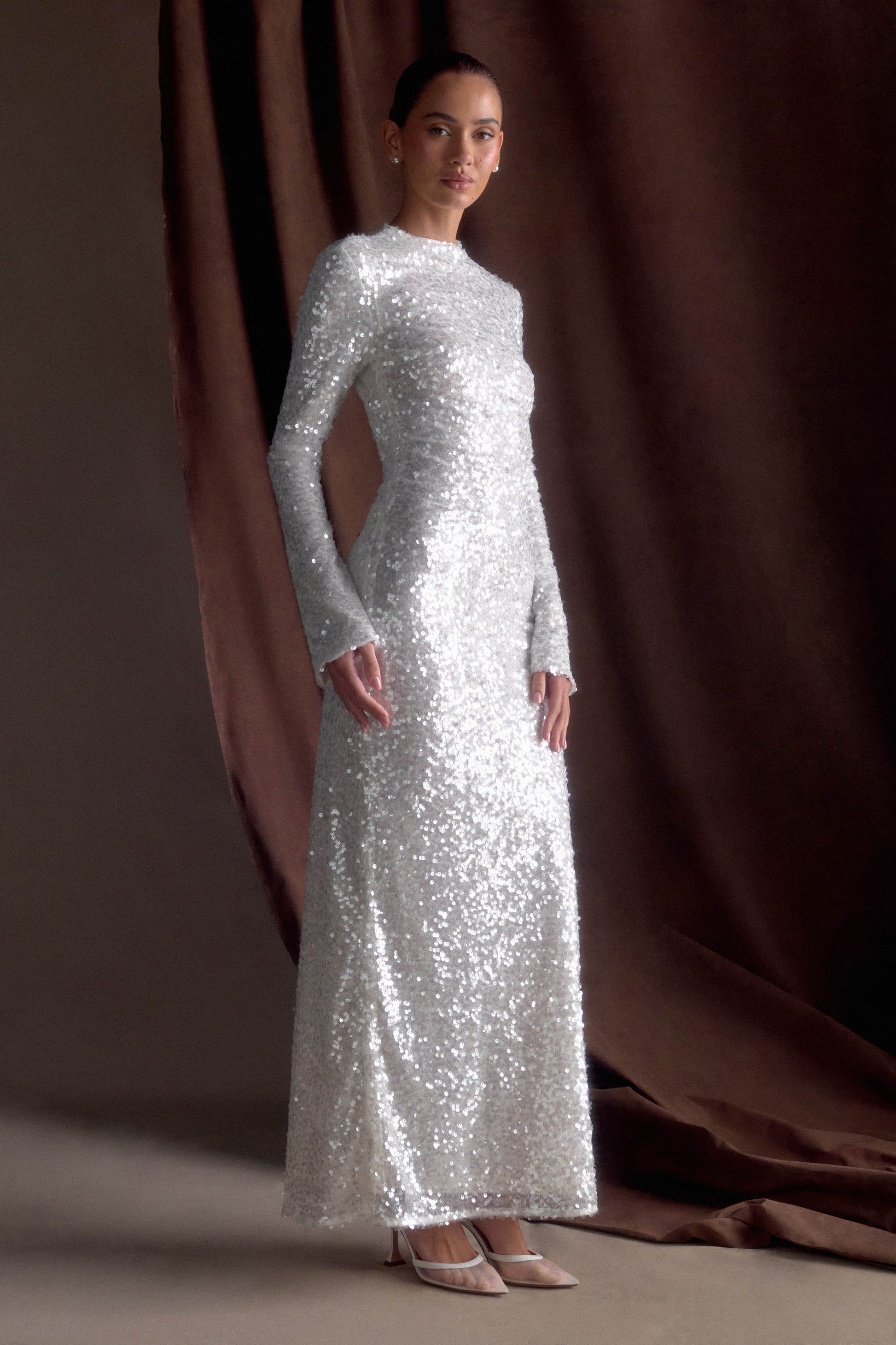 Sofia Long Sleeve Sequin Maxi Dress - White #4