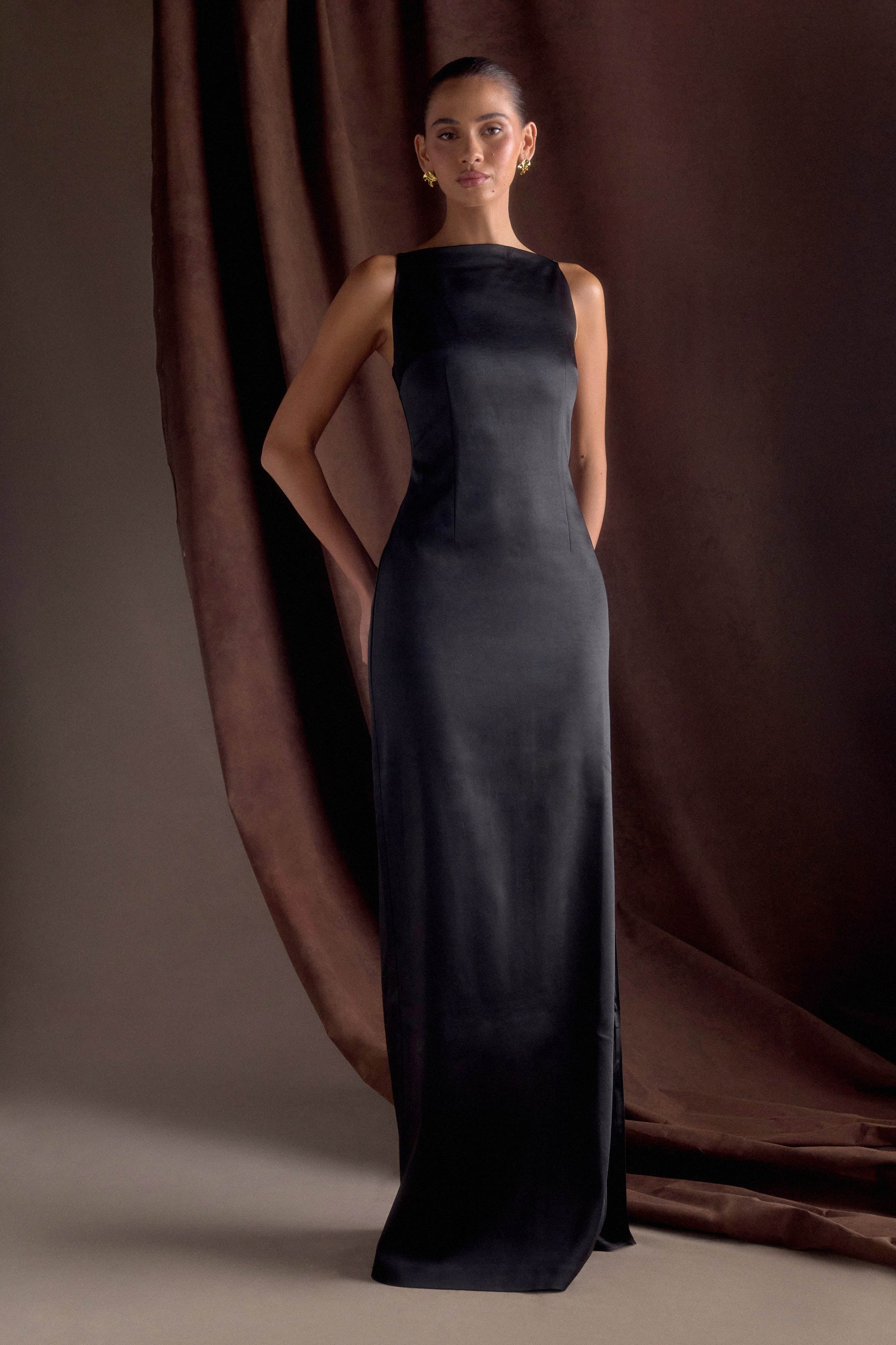 Violet Sleeveless Satin Maxi Dress - Black #11