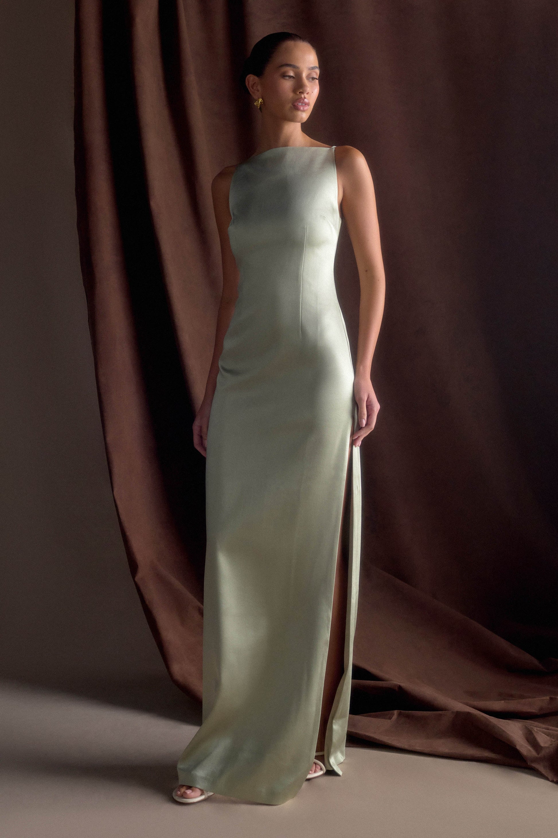 Violet Sleeveless Satin Maxi Dress - Sage #7