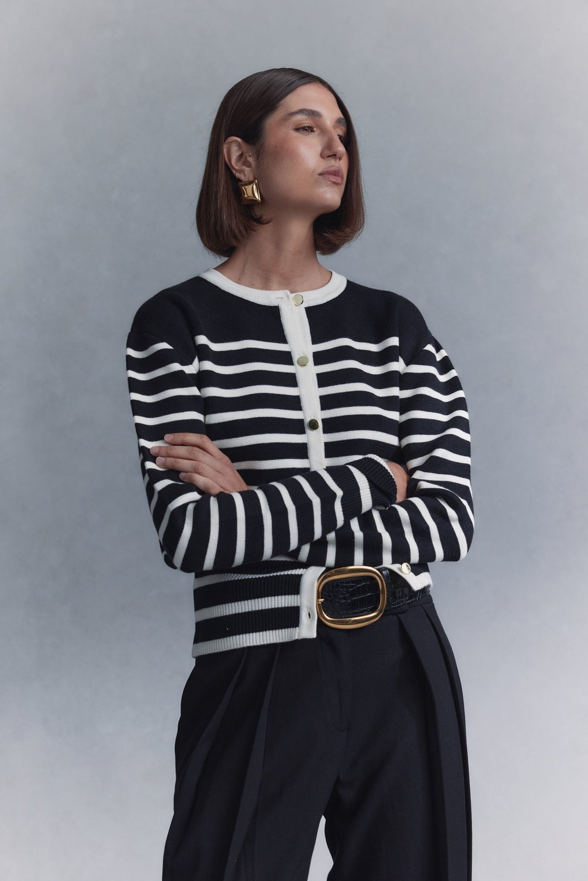 Talia Stripe Knit Cardigan - Black/White #10