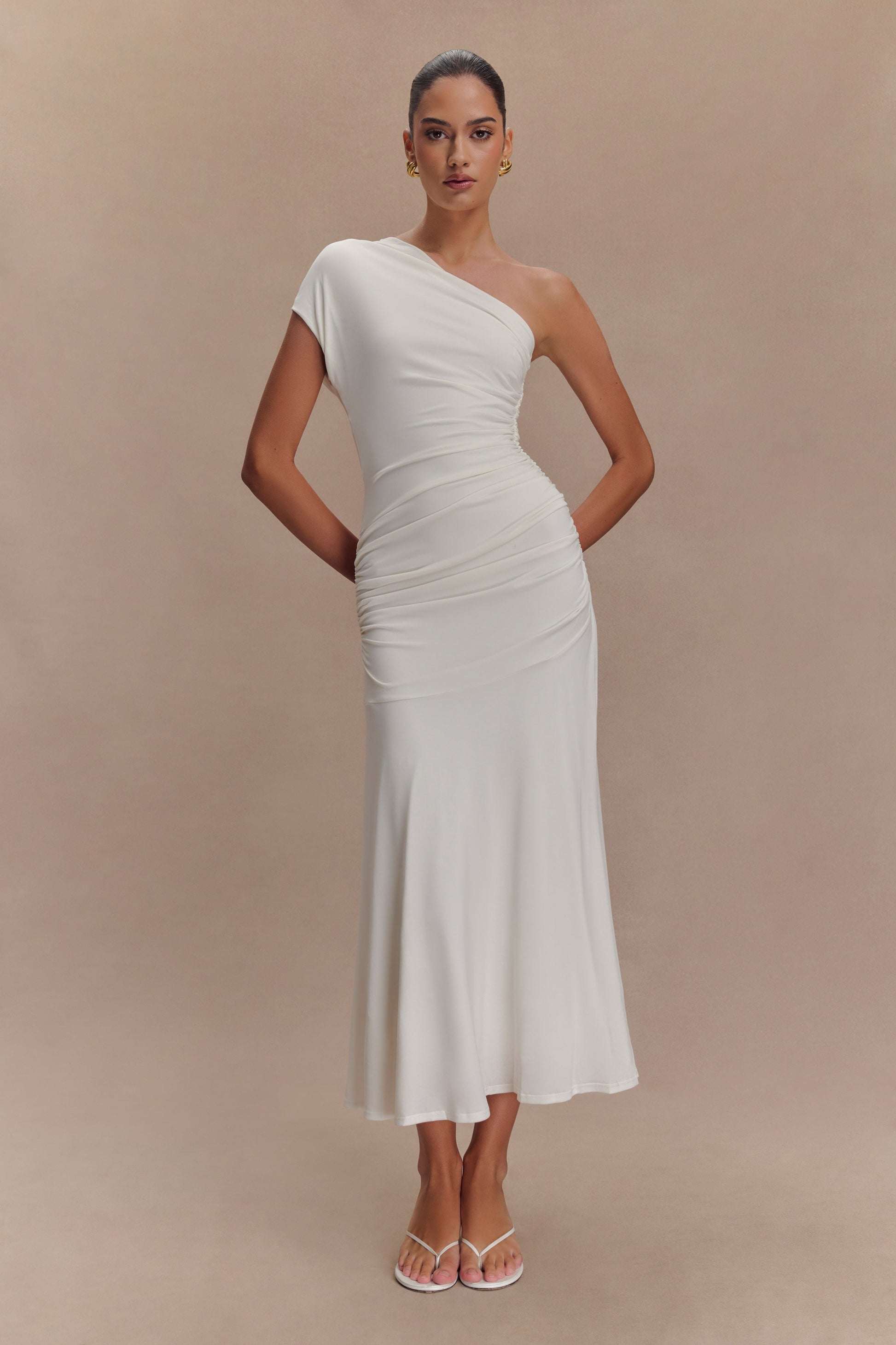 Chloe Peached Jersey One Shoulder Midi Dress - Ivory #2