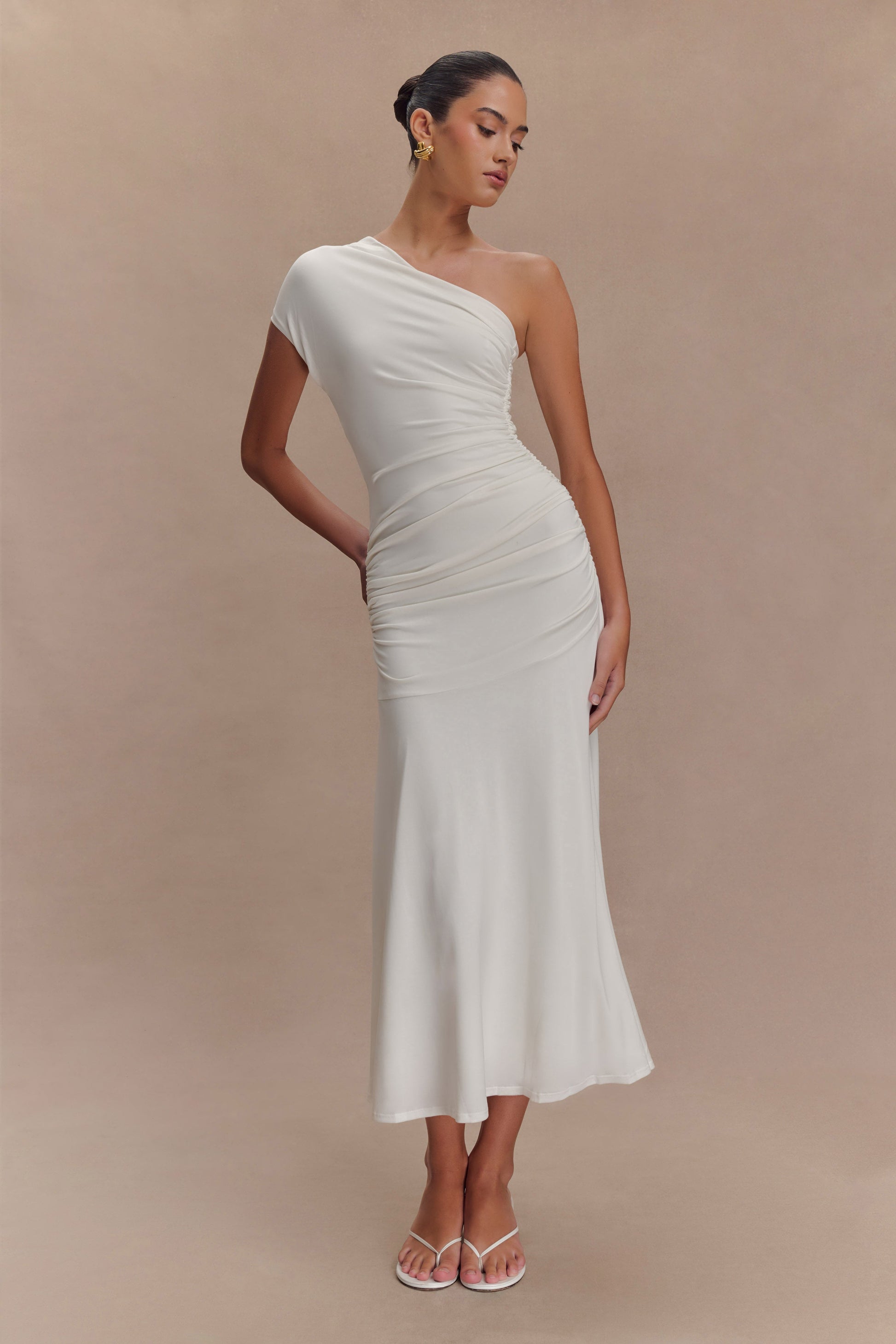 Chloe Peached Jersey One Shoulder Midi Dress - Ivory #6