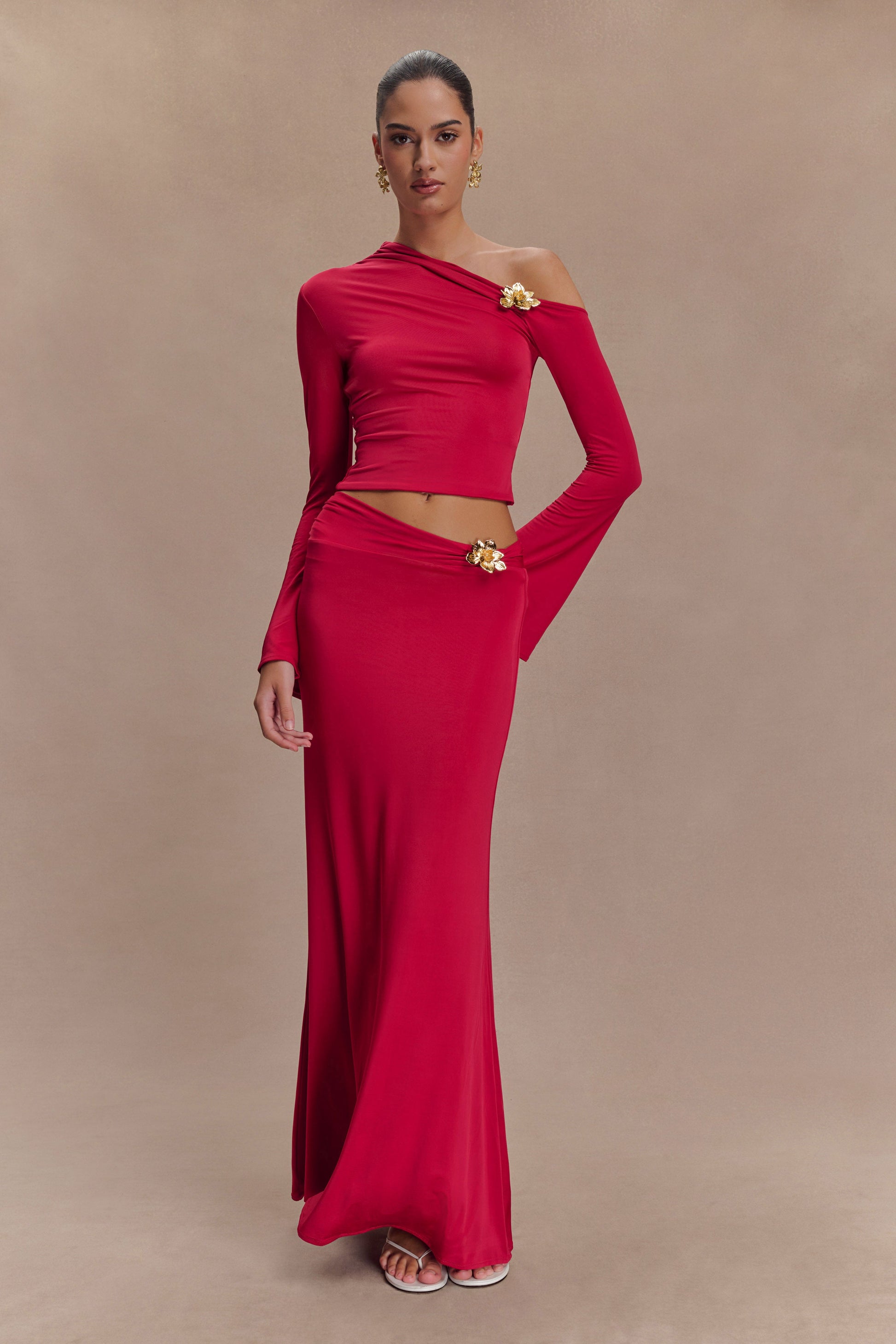 Ainsley Asymmetrical Maxi Skirt With Floral Hardware - Fuchsia Pink #7