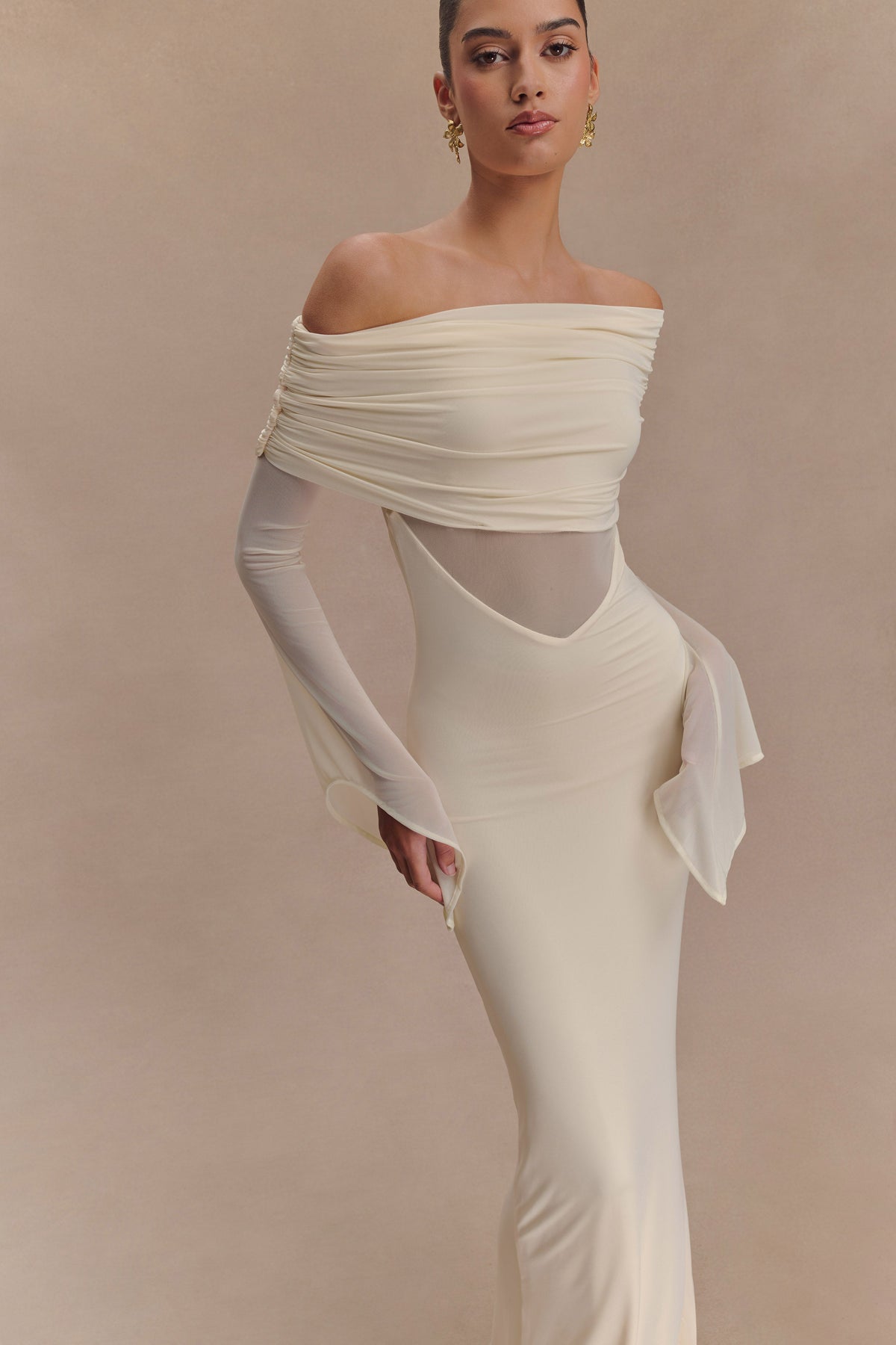 Kaitlin One Shoulder Slinky And Mesh Maxi Dress - Ivory #4