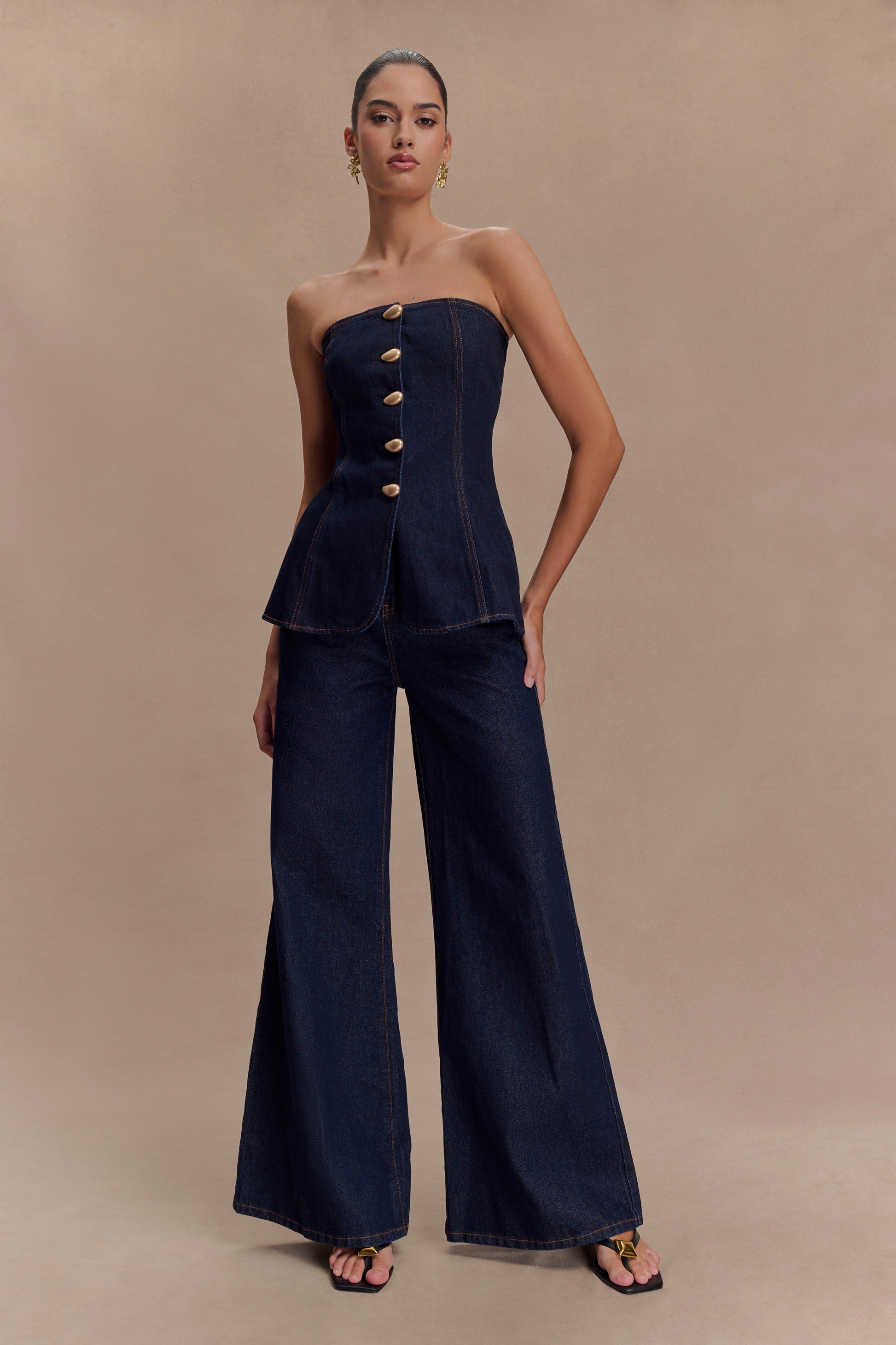 Lennox Strapless Long Line Button Top - Indigo Blue #7