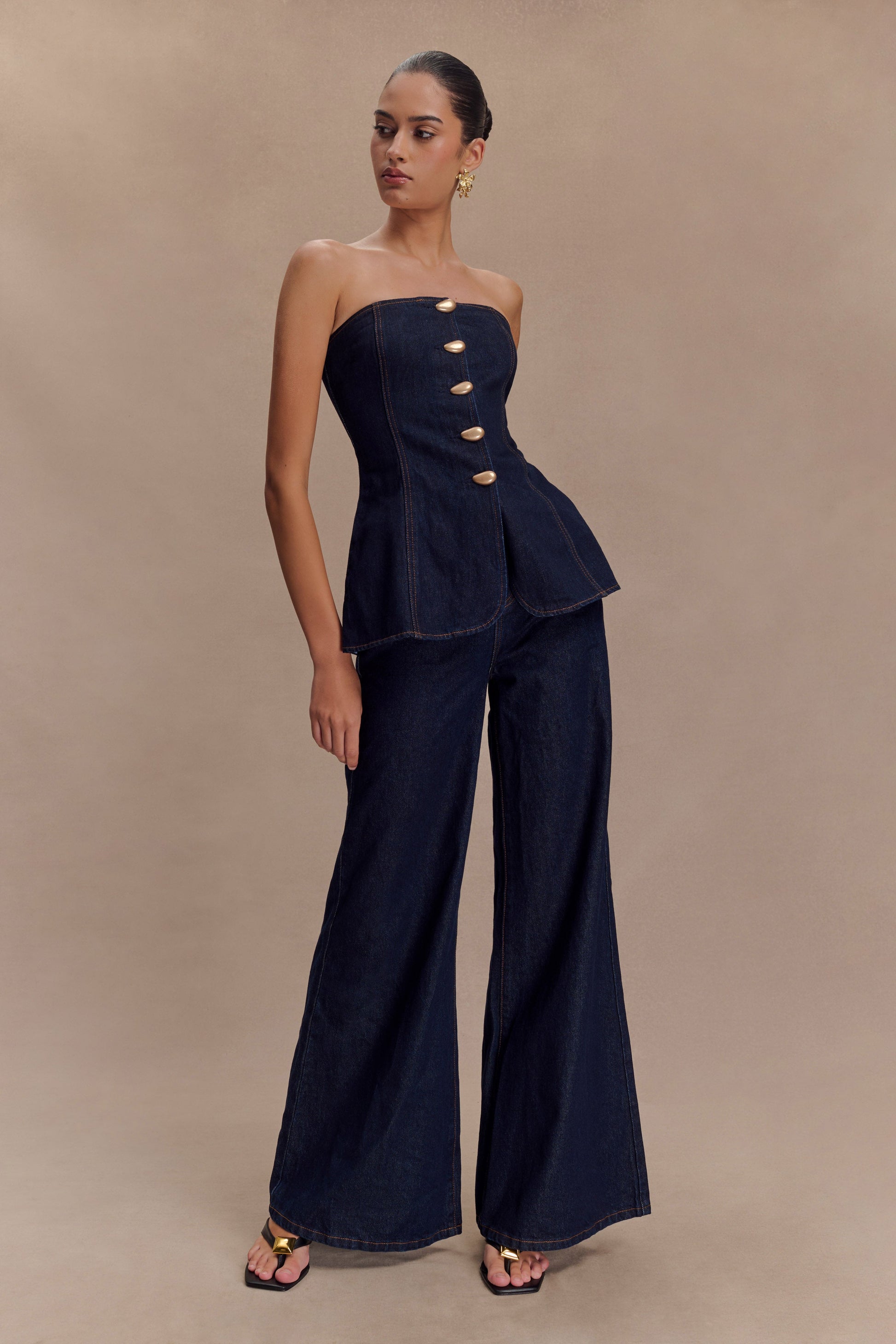 Lennox Strapless Long Line Button Top - Indigo Blue #5