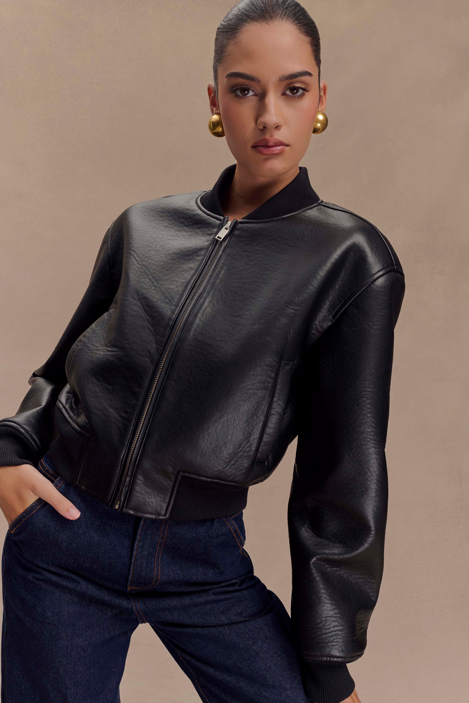 Codi Faux Leather Bomber Jacket - Black #7