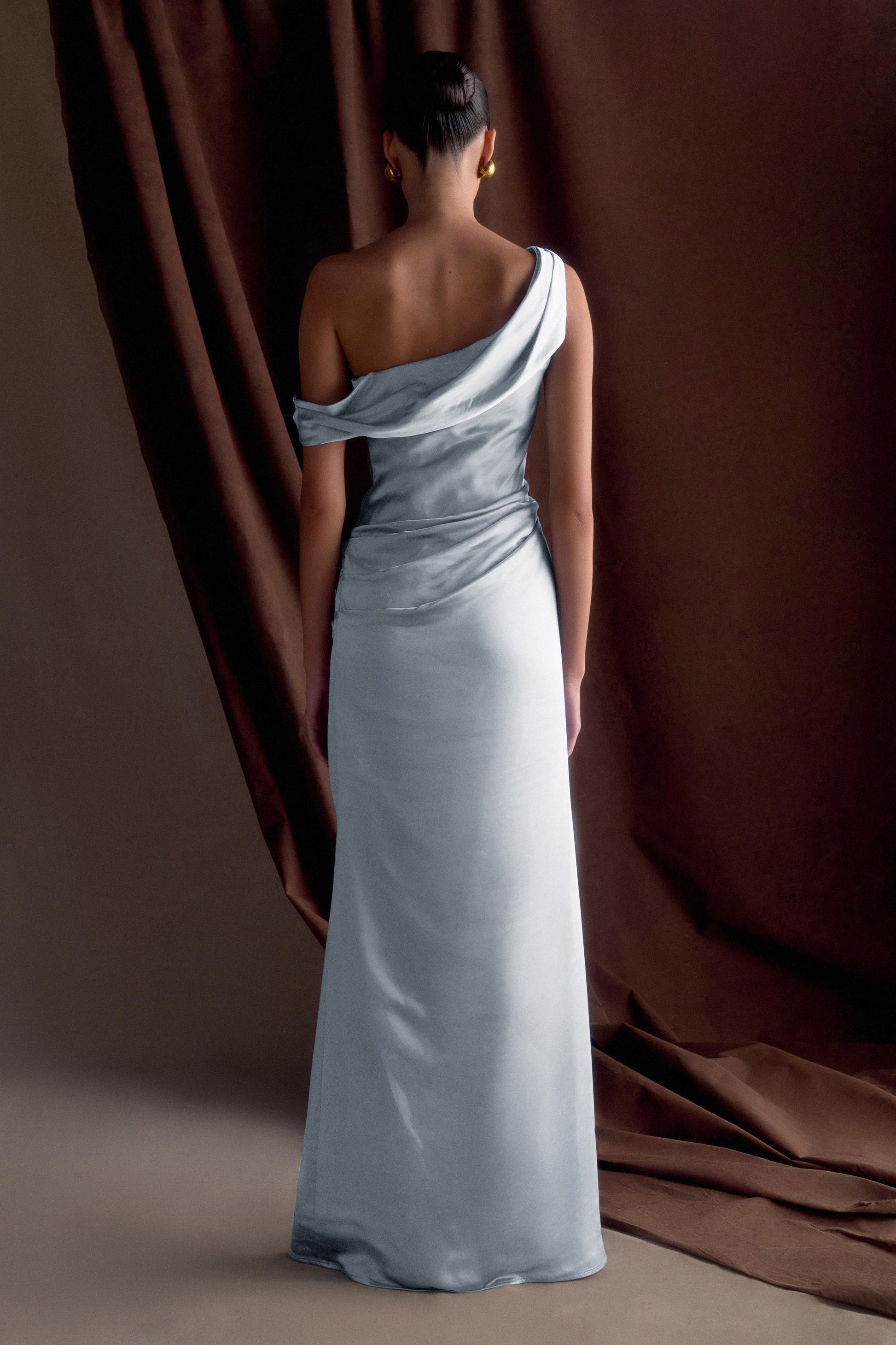Dalia Off Shoulder Satin Maxi Dress - Frosted Blue #2