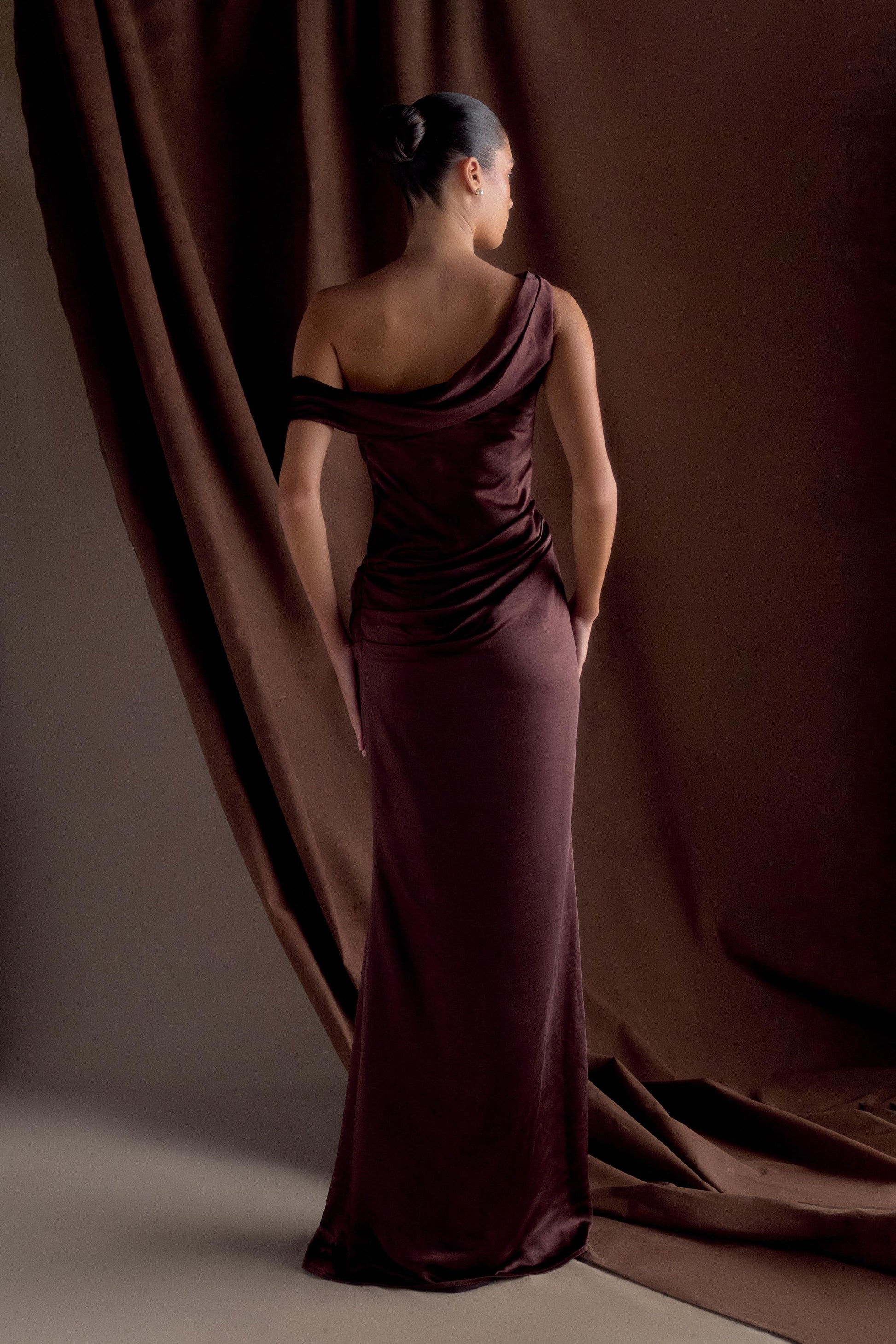 Dalia Off Shoulder Satin Maxi Dress - Dark Chocolate #8