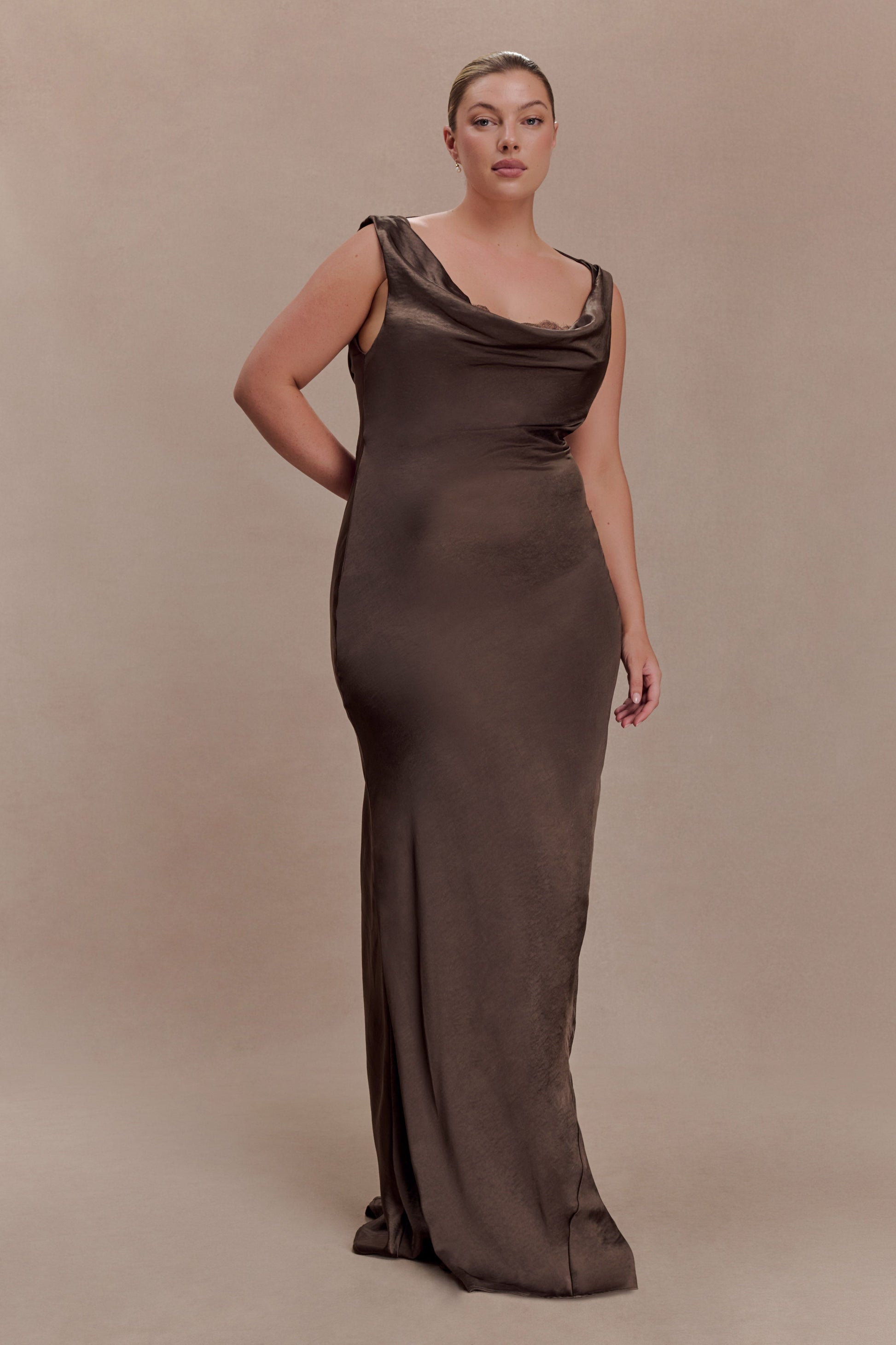 Ashley Cowl Neck Lace And Satin Maxi Dress - Mocha #6