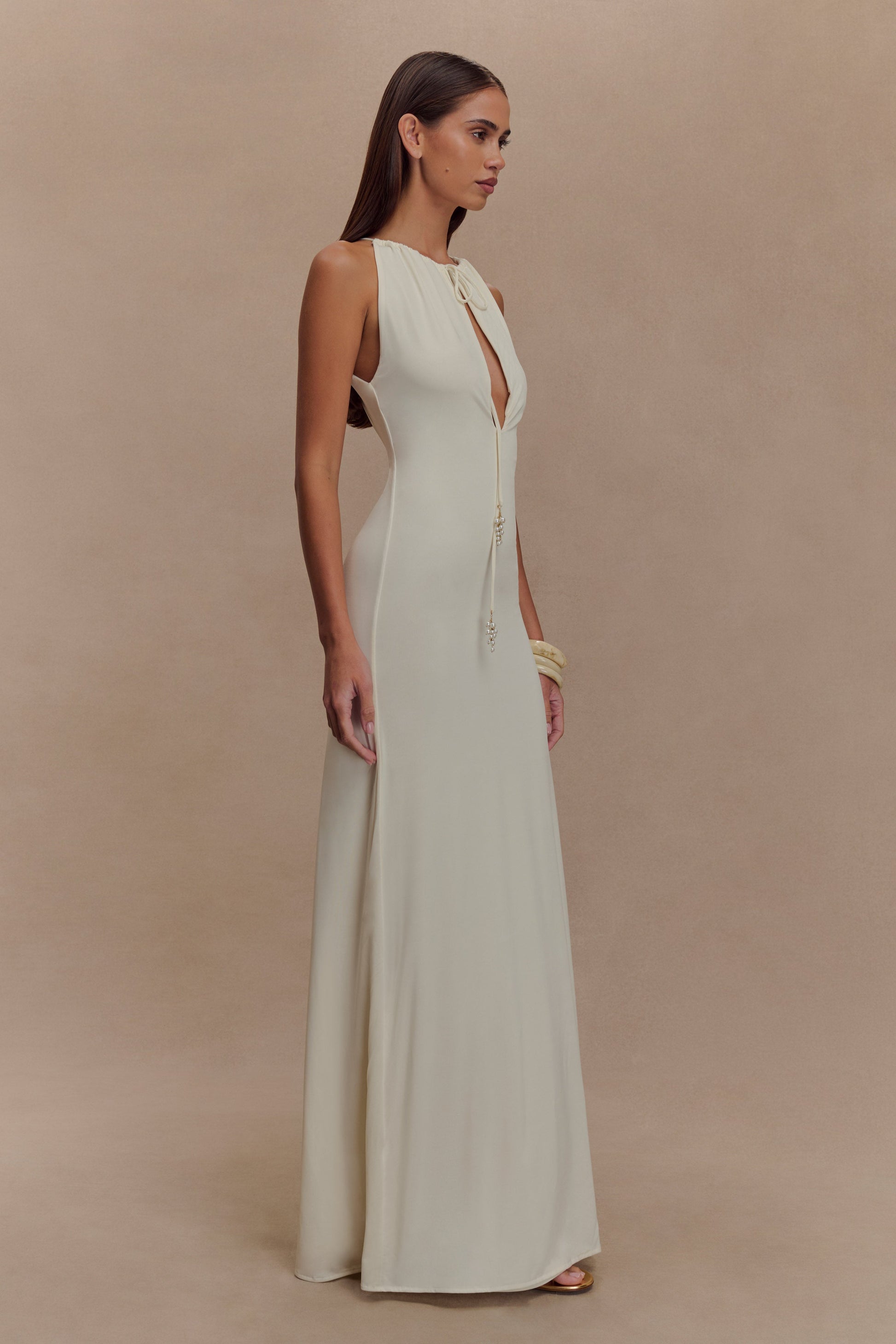 Beryl Slinky Maxi Dress With Pearls - Ivory #5