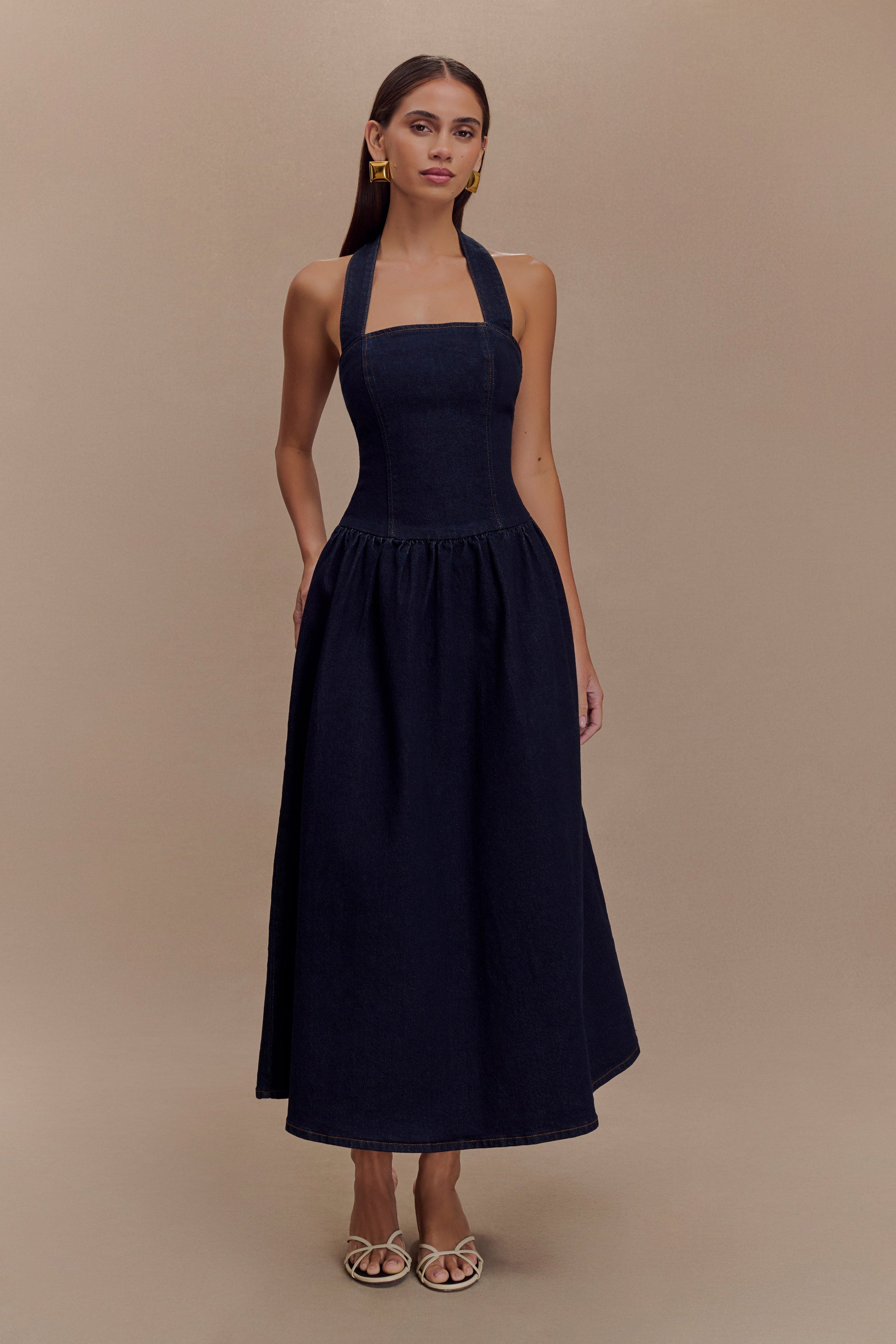 Caroline Denim Halter Midi Dress - Indigo Blue #2