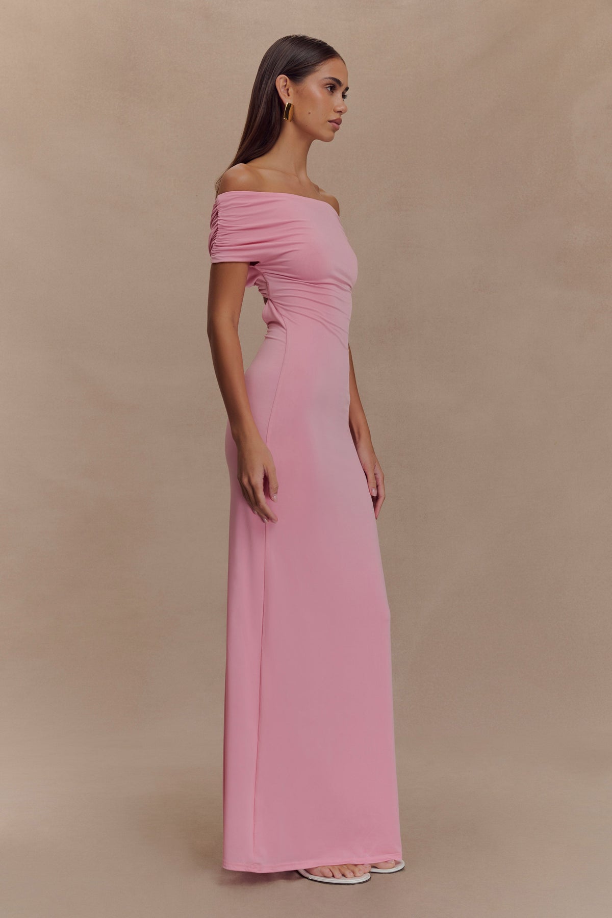 Imogen Off Shoulder Slinky Maxi Dress - Candy Pink