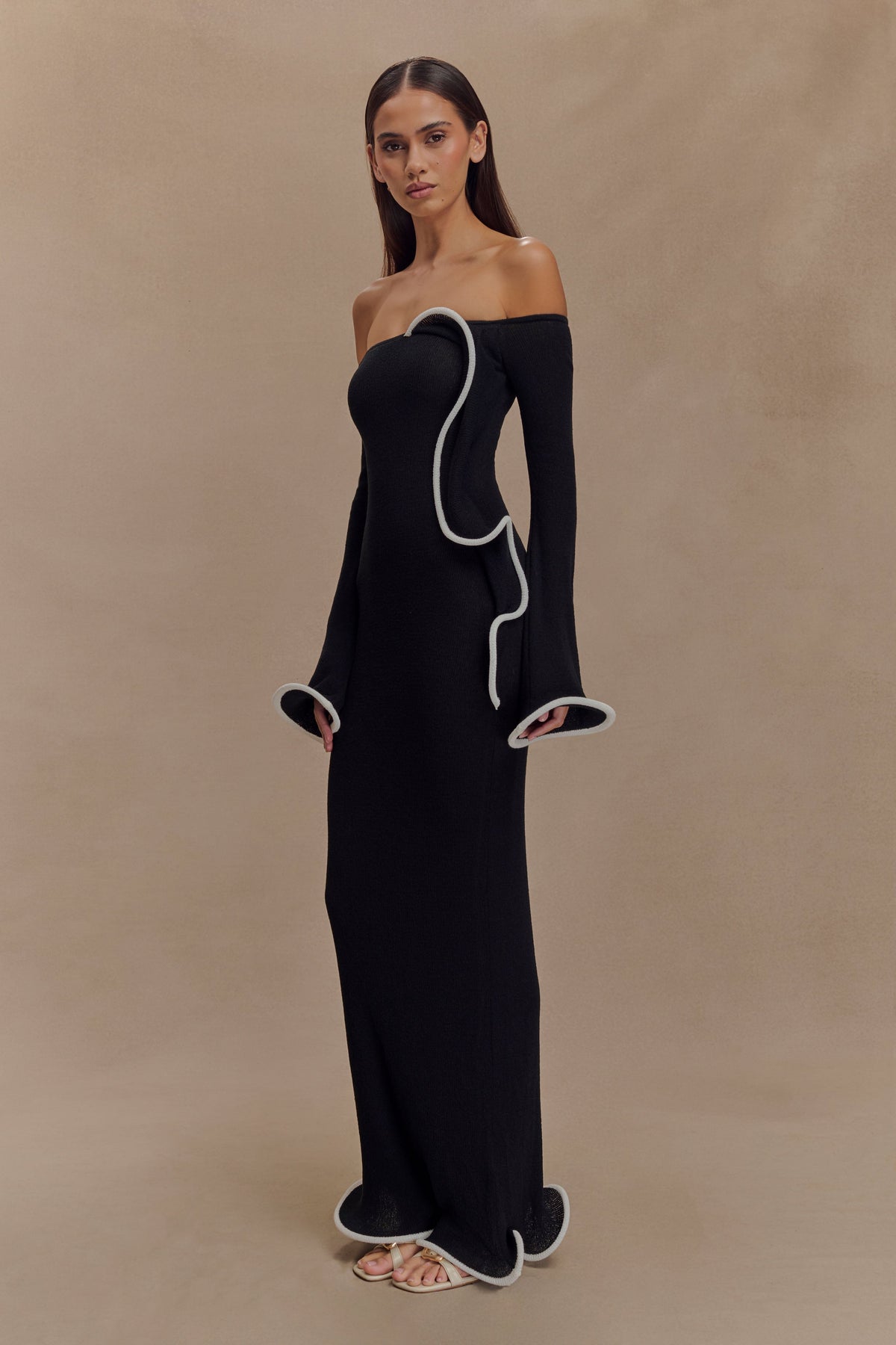 Sandrine Off Shoulder Knit Maxi Dress - Black/White #4