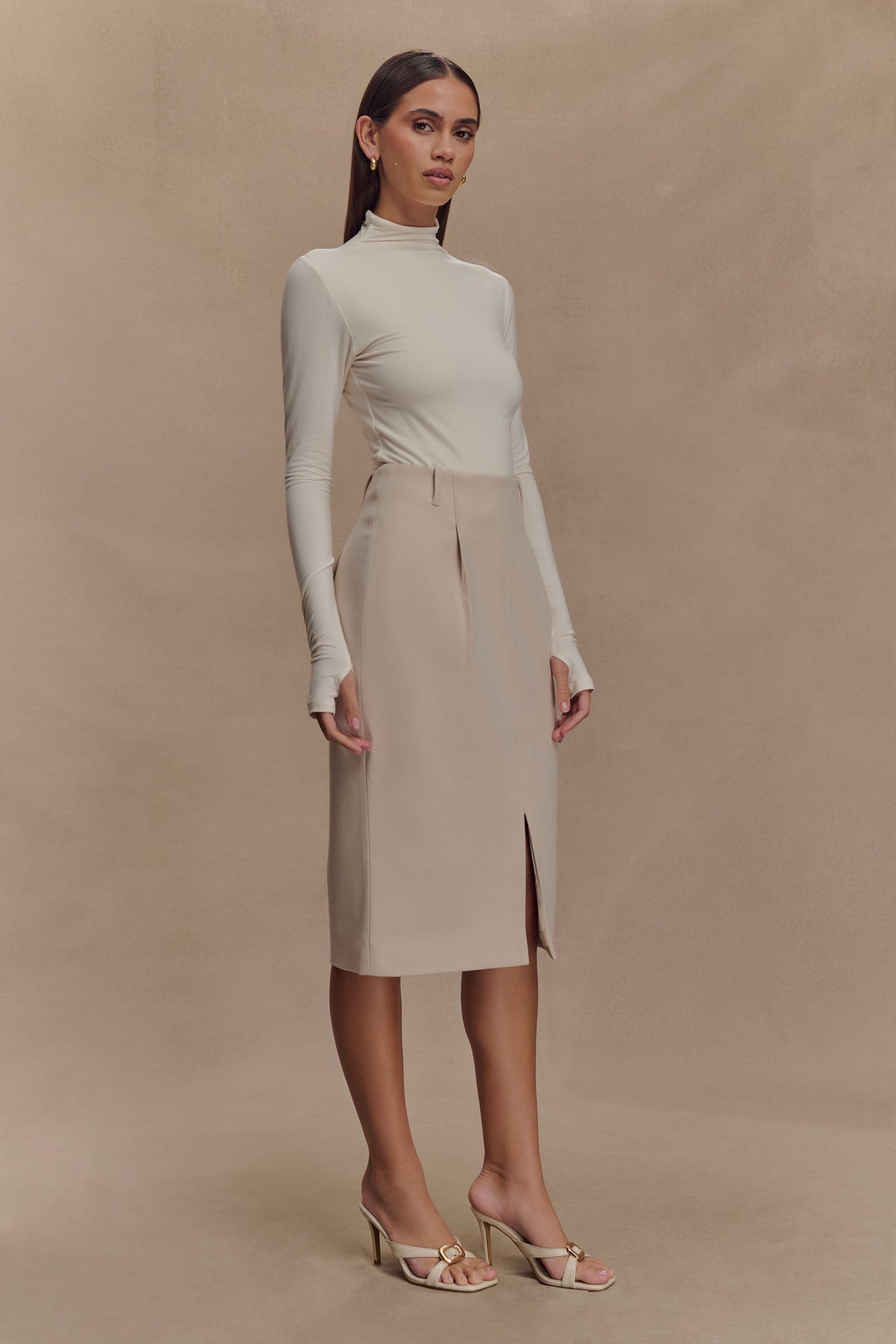 Vera Suiting Split Front Midi Skirt - Ivory Stone #4