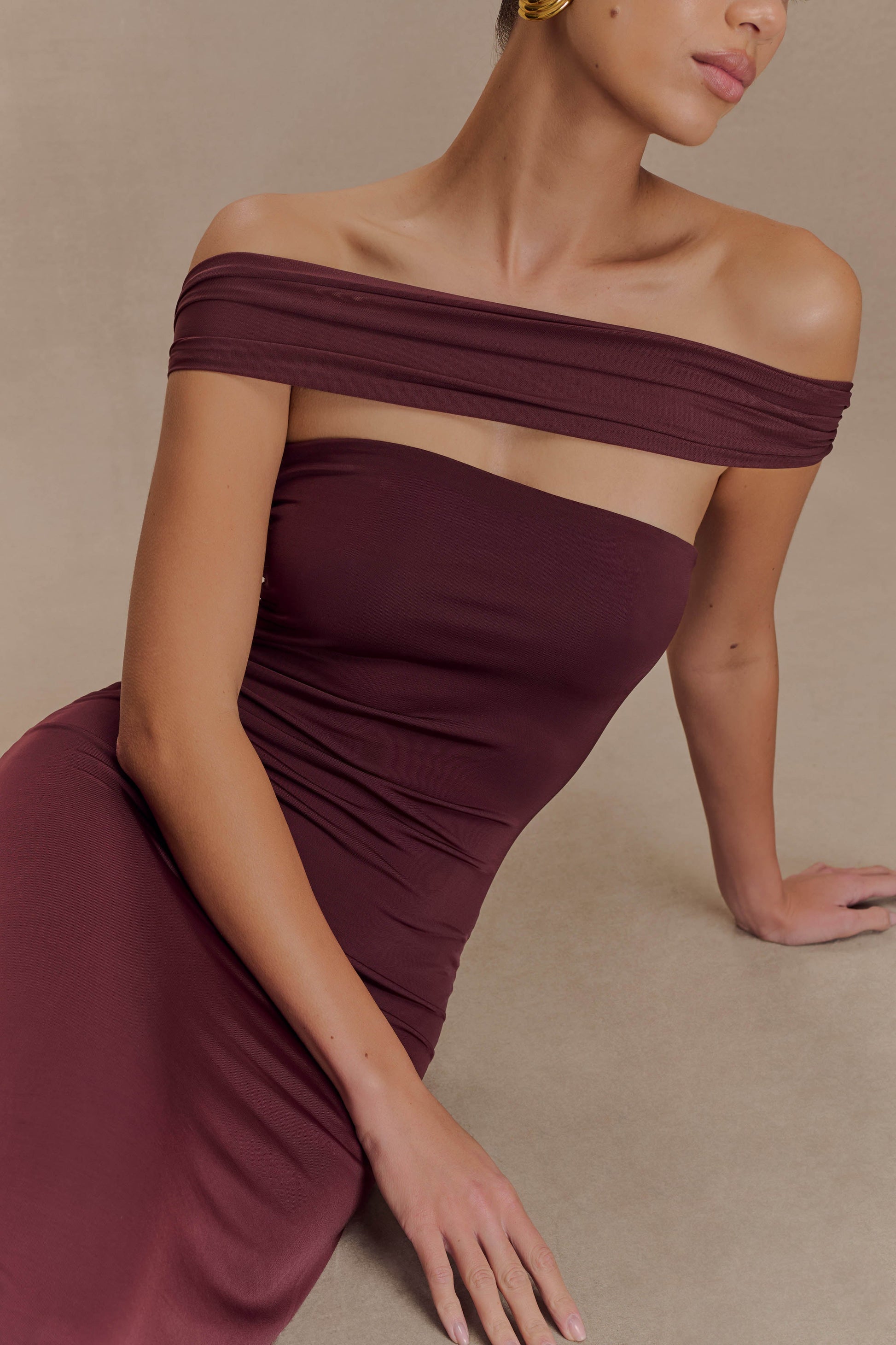 Aurora Slinky And Mesh Split Maxi Dress - Mahogany #2