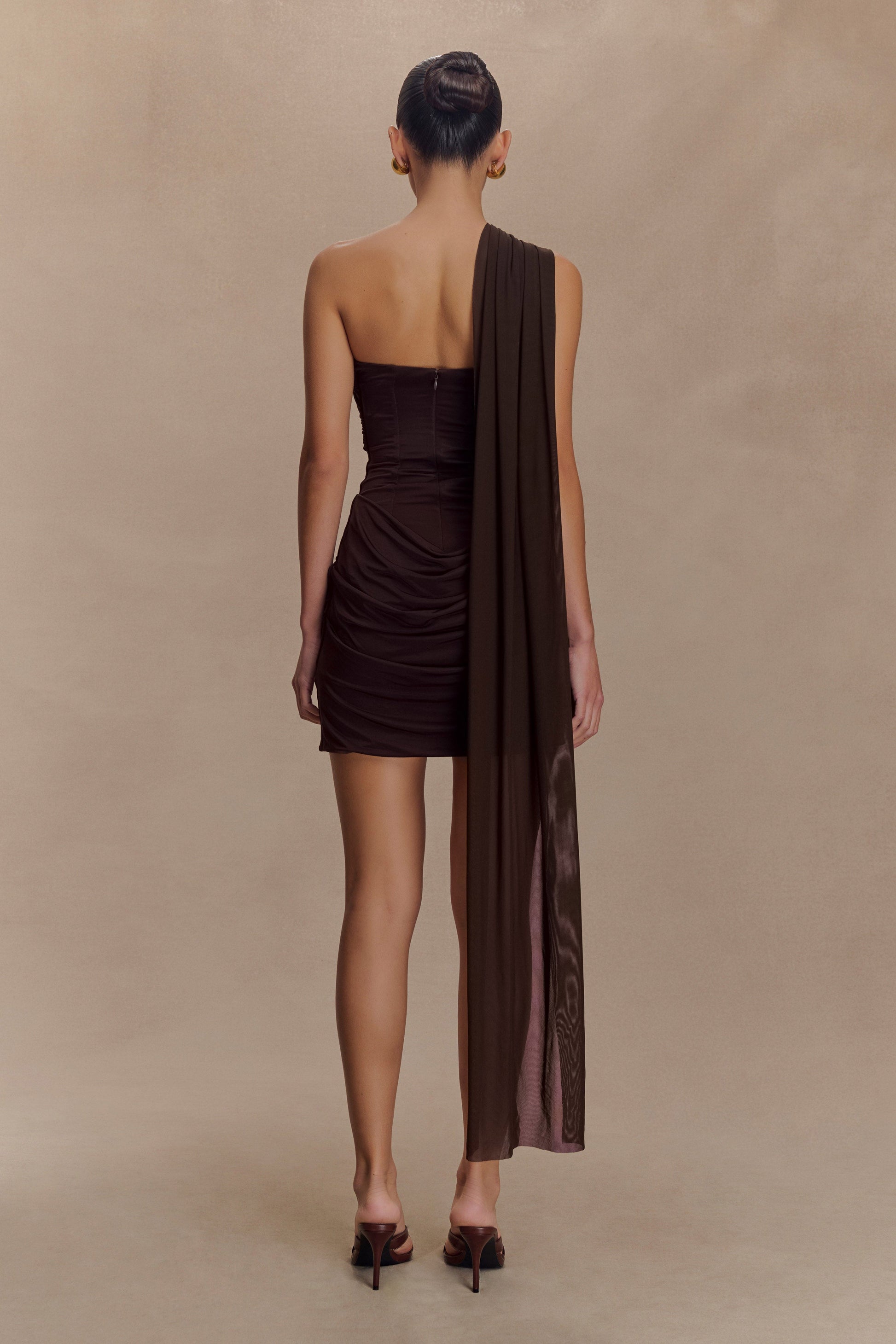 Mattea Slinky And Mesh Mini Dress With Scarf - Dark Chocolate #2