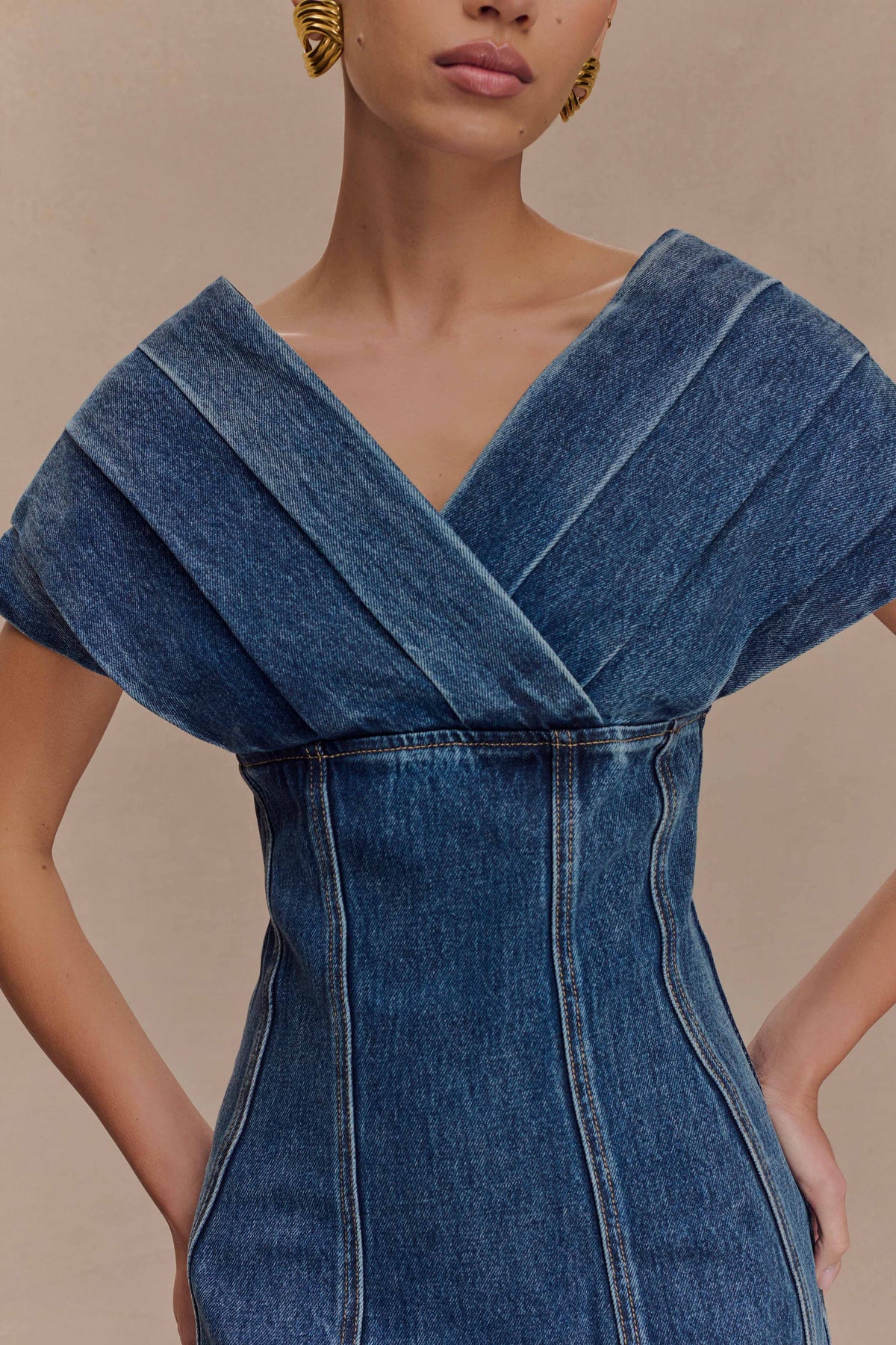 Pascale Off Shoulder Denim Mini Dress - Washed Dark Blue #3