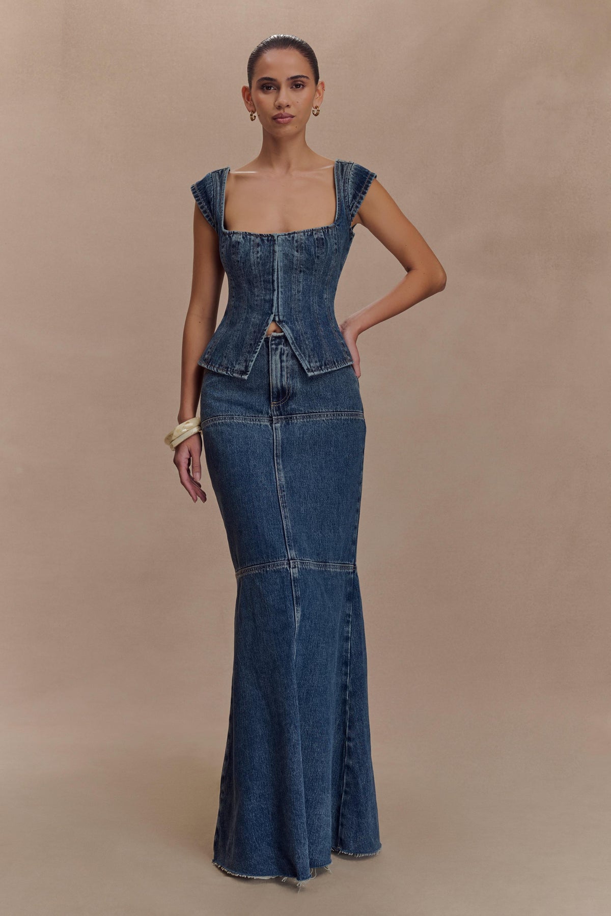 Loretta Cap Sleeve Denim Top - Washed Dark Blue #6