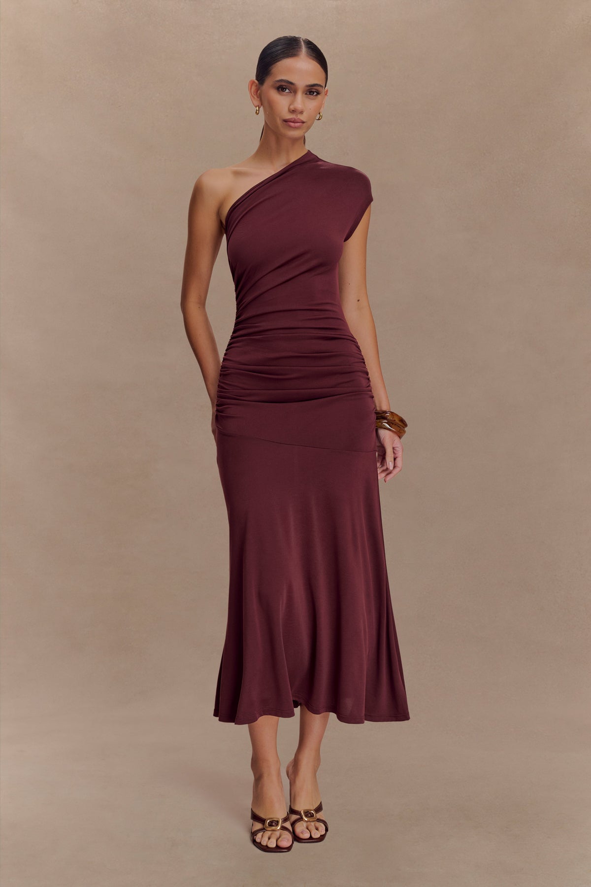 Chloe Peached Jersey One Shoulder Midi Dress - Mahogany #5