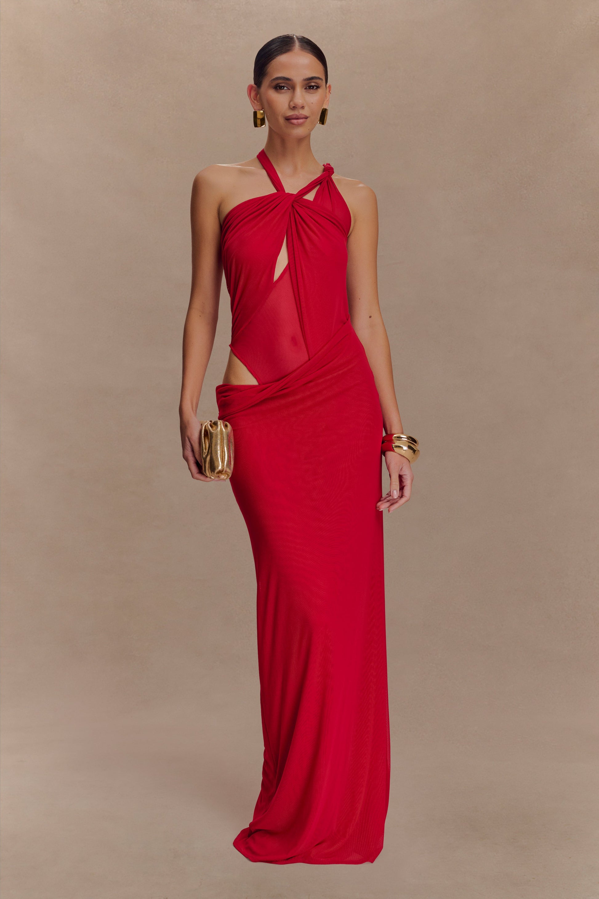 Edwina Knotted Mesh Maxi Dress - Red #7