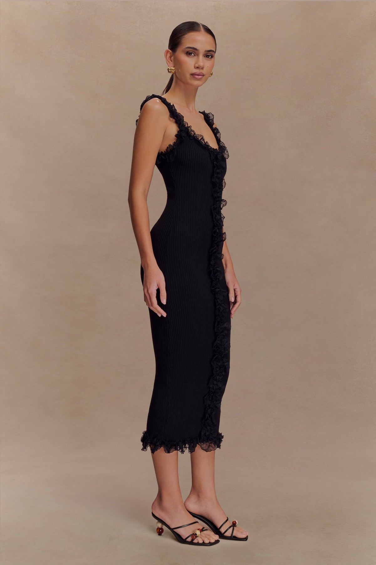 Shay Lace Ruffle Knit Midi Dress - Black