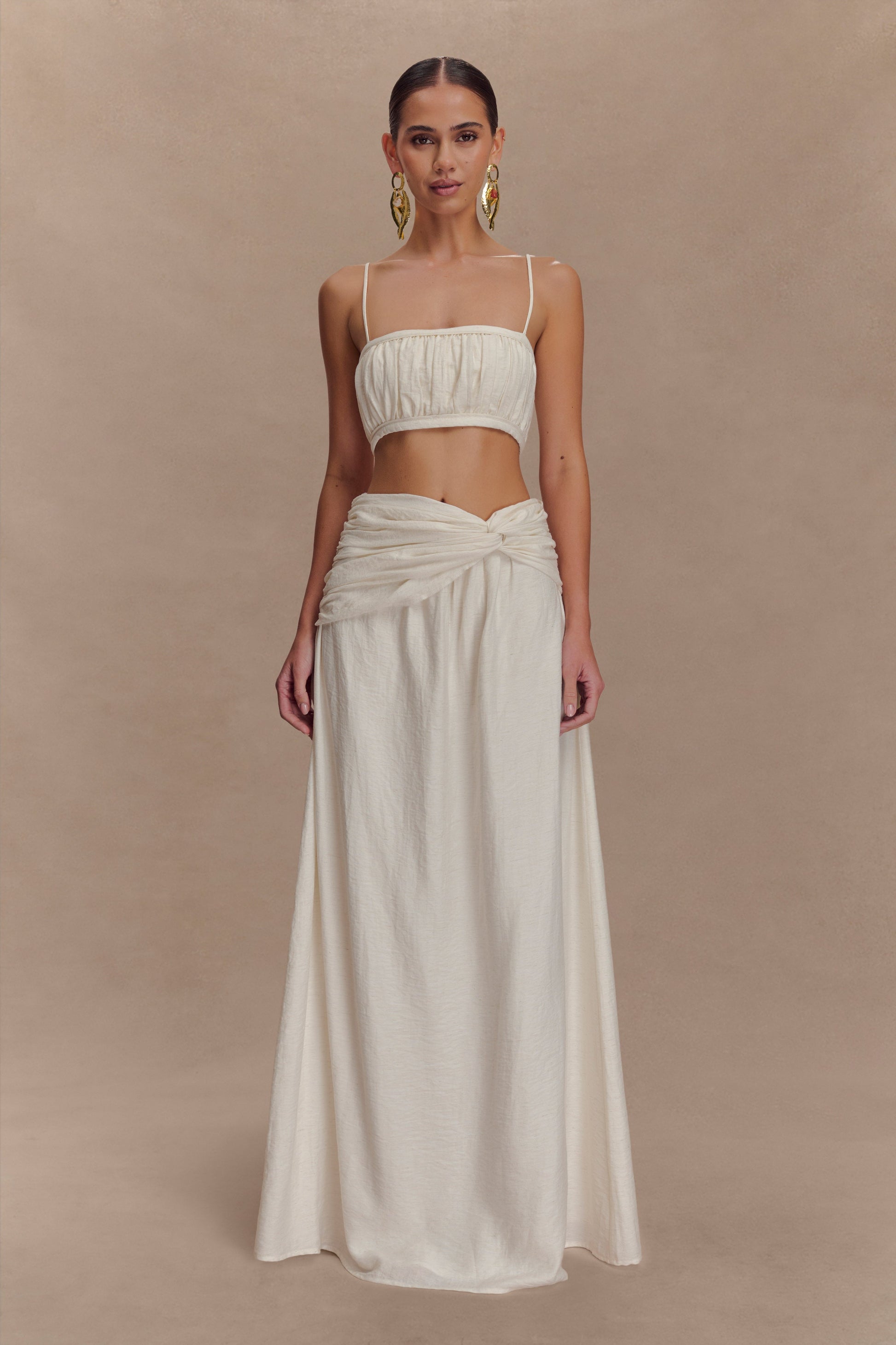Scottie Gathered Linen Knot Maxi Skirt - Oat Marle #2