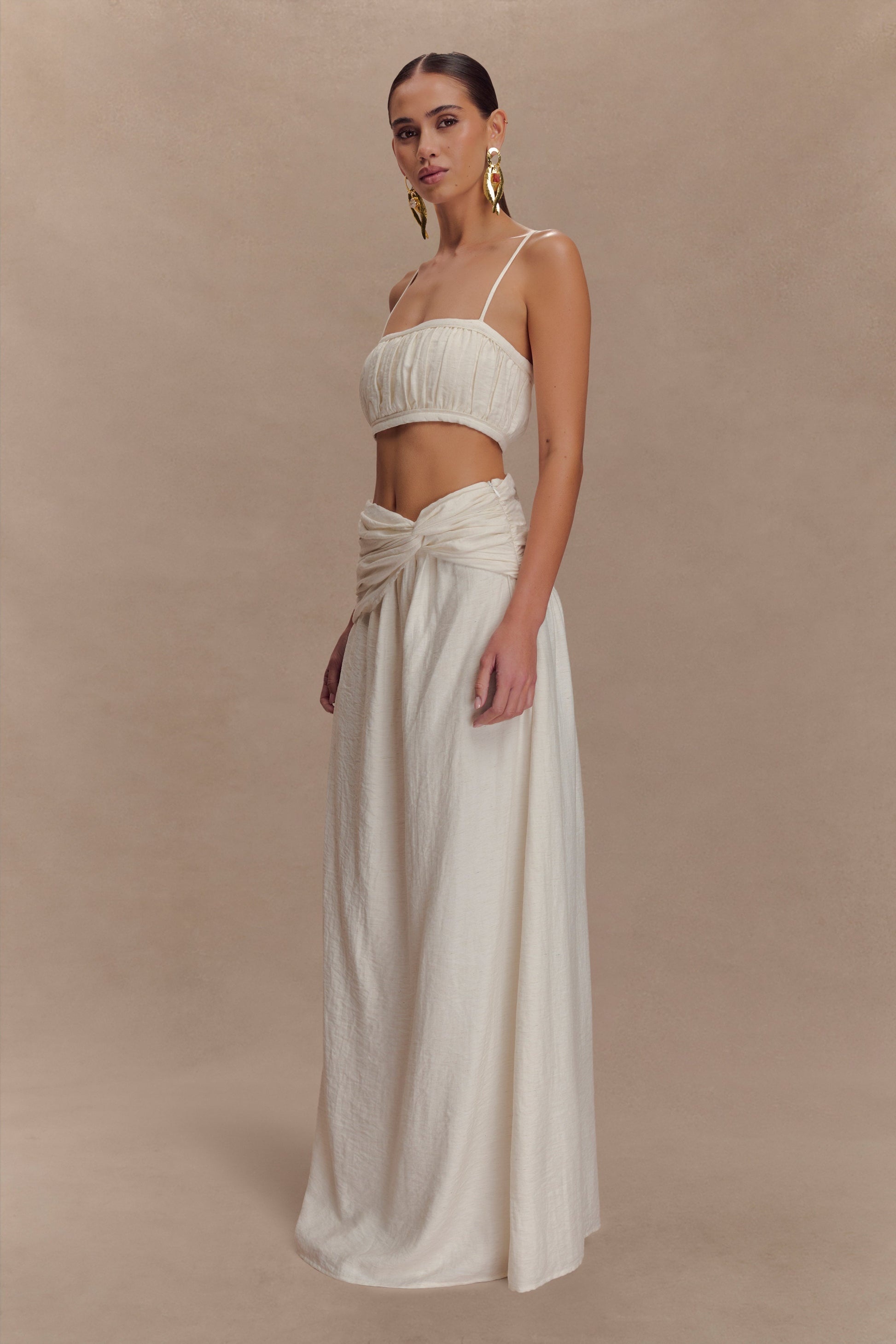 Scottie Gathered Linen Knot Maxi Skirt - Oat Marle #5